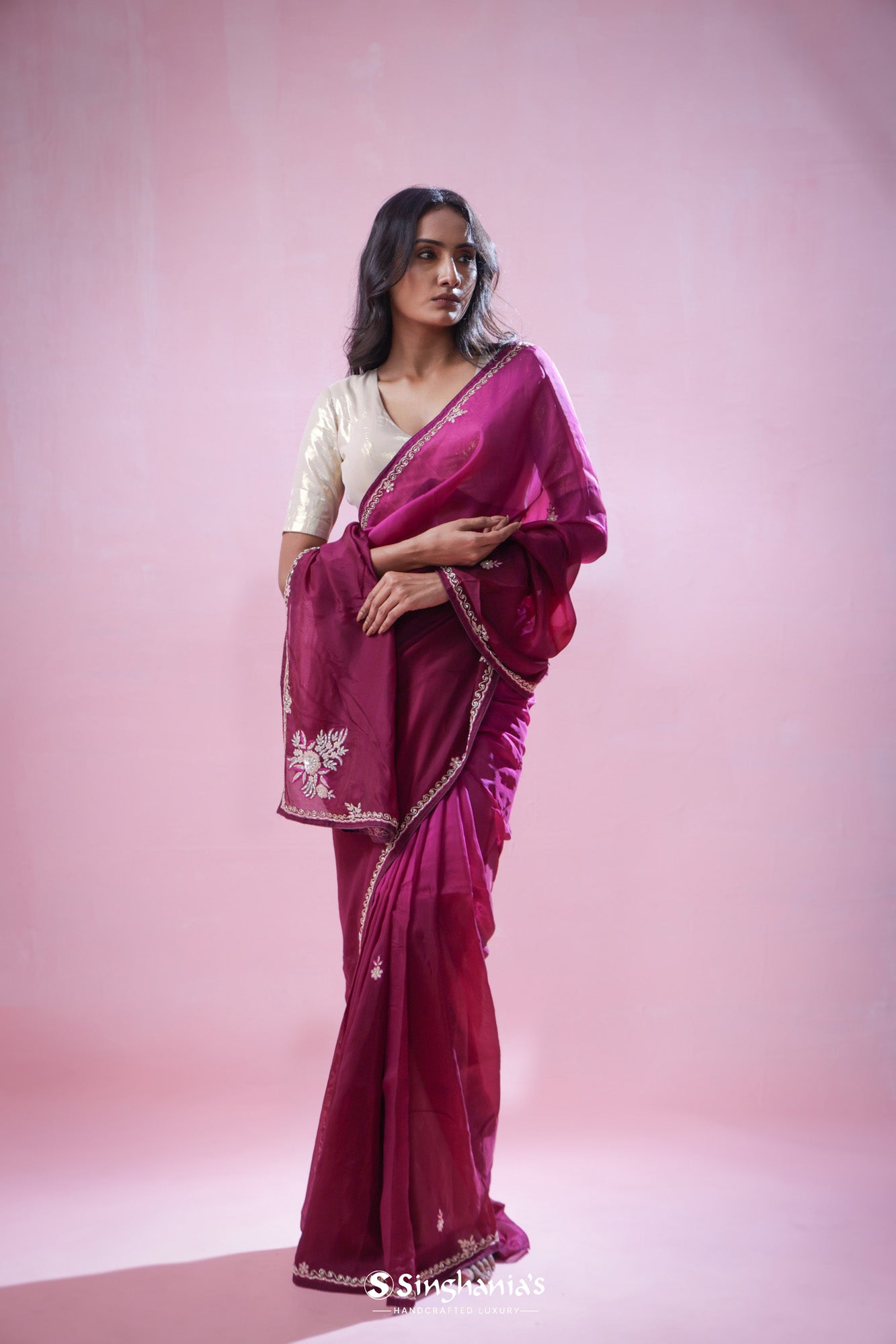 Pansy Purple Organza Saree With Hand Embroidery