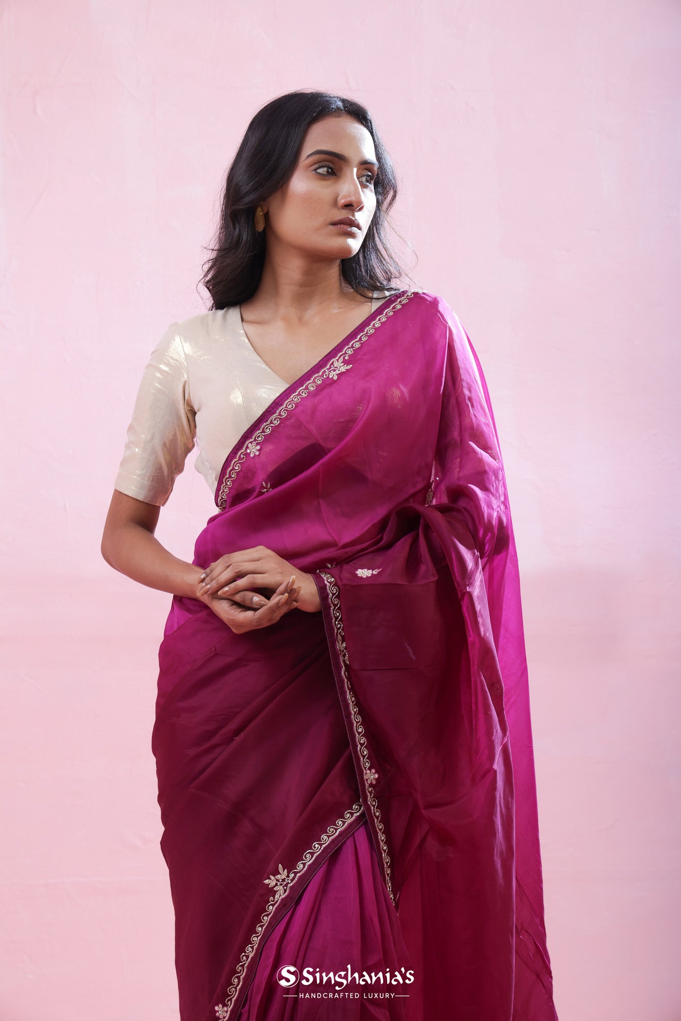 Pansy Purple Organza Saree With Hand Embroidery