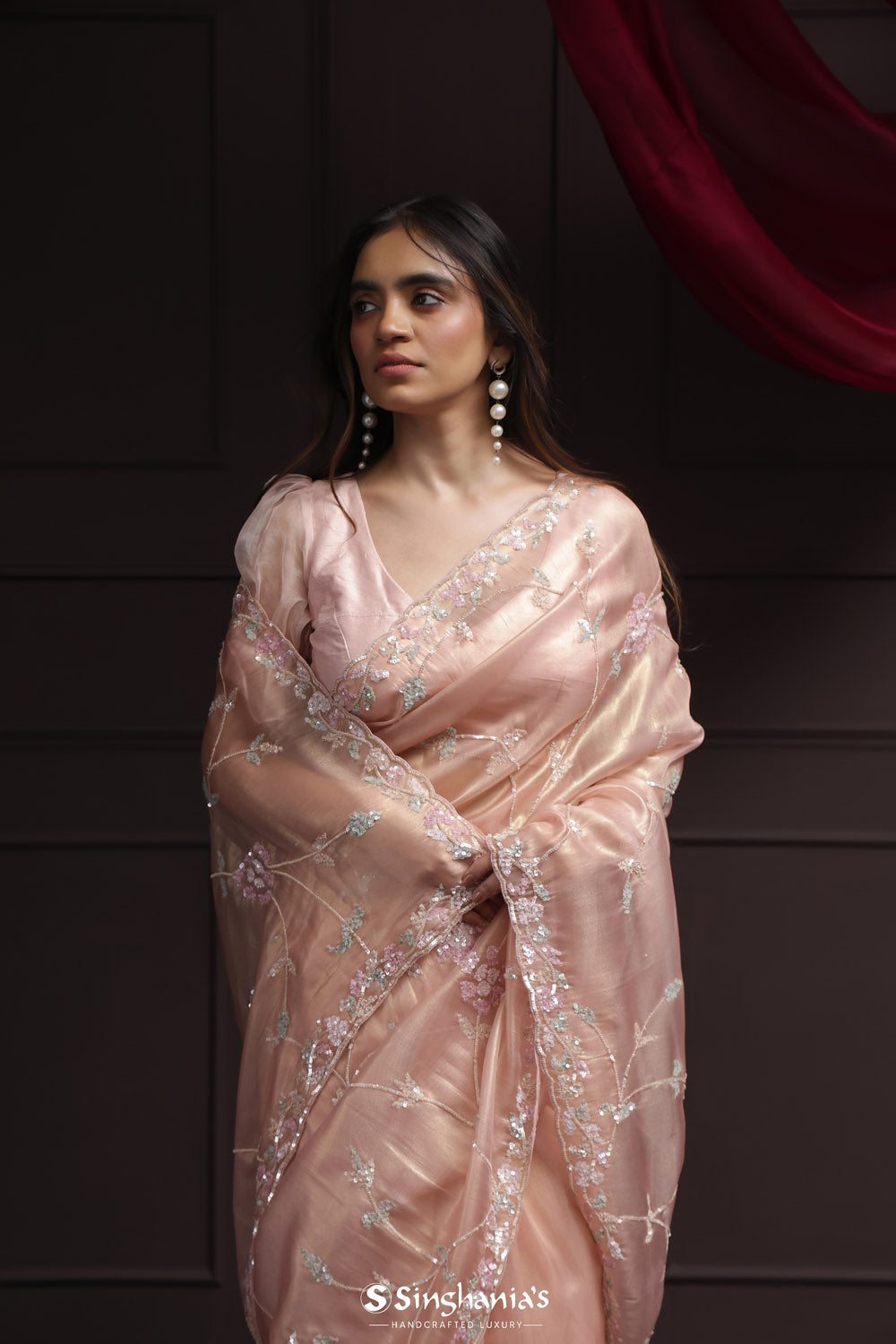 Champagne Pink Tissue Designer Saree With Floral Embroidery