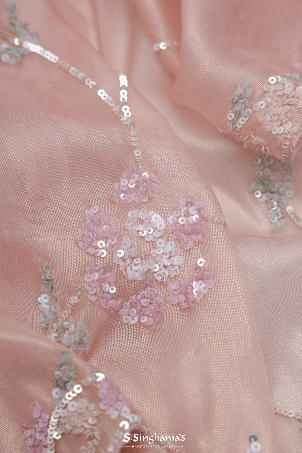 Champagne Pink Tissue Designer Saree With Floral Embroidery