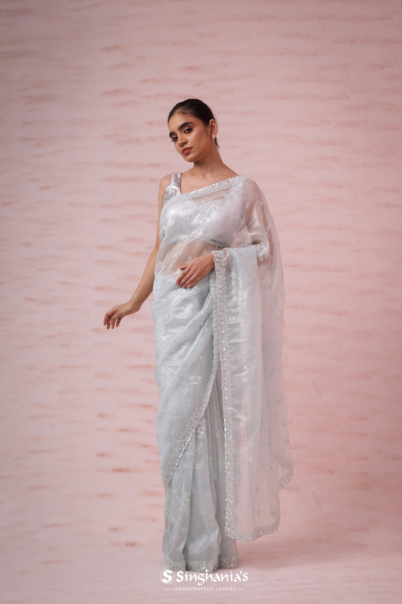 Alice Blue Organza Saree With Hand Embroidery
