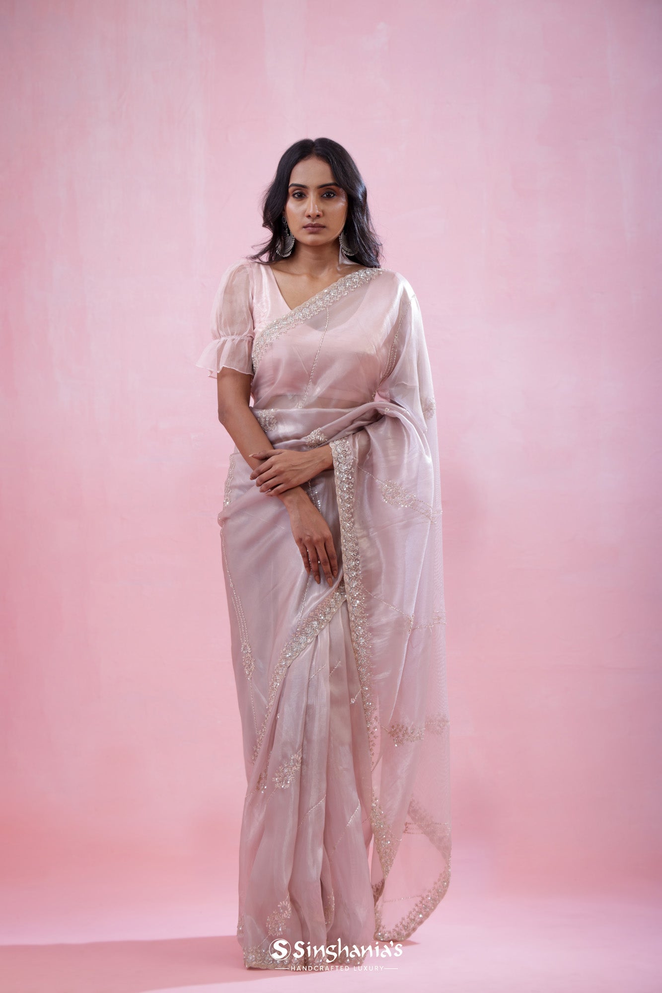 Silvery Pink Tissue Organza Saree With Hand Embroidery