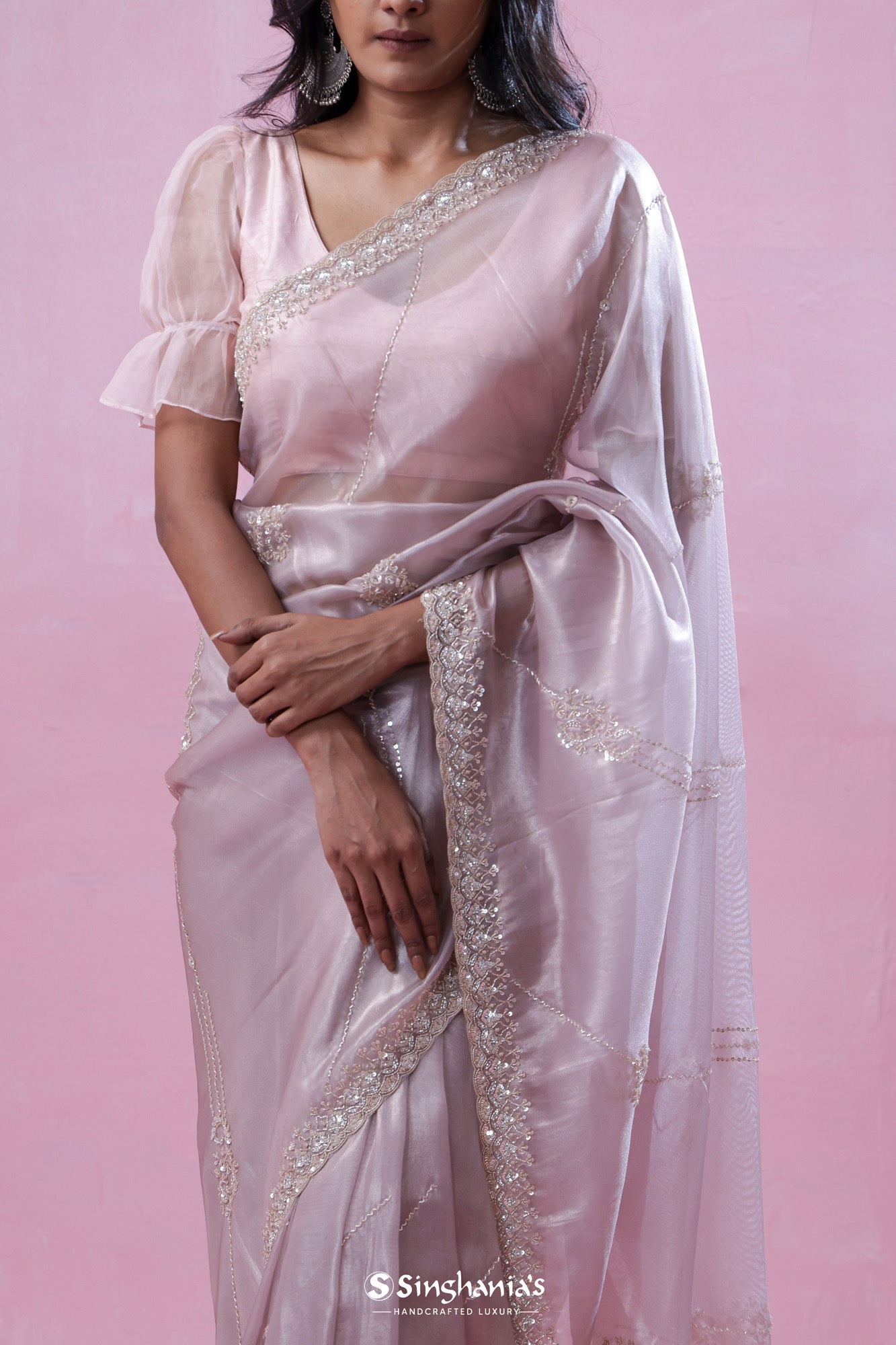 Silvery Pink Tissue Organza Saree With Hand Embroidery