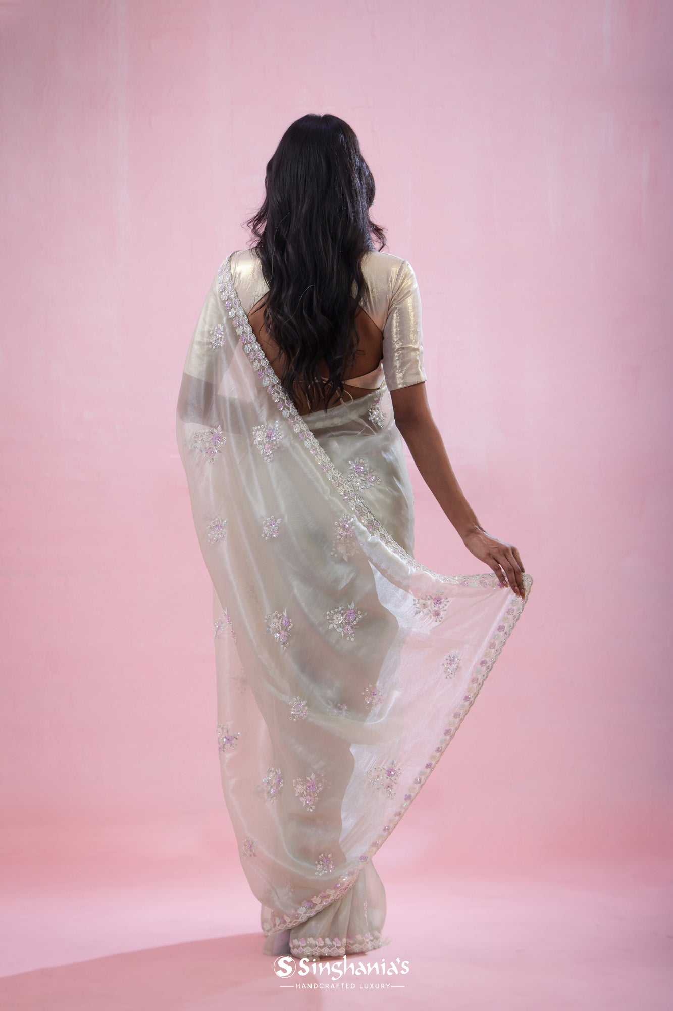 Pale Cyan Blue Tissue Organza Saree With Hand Embroidery
