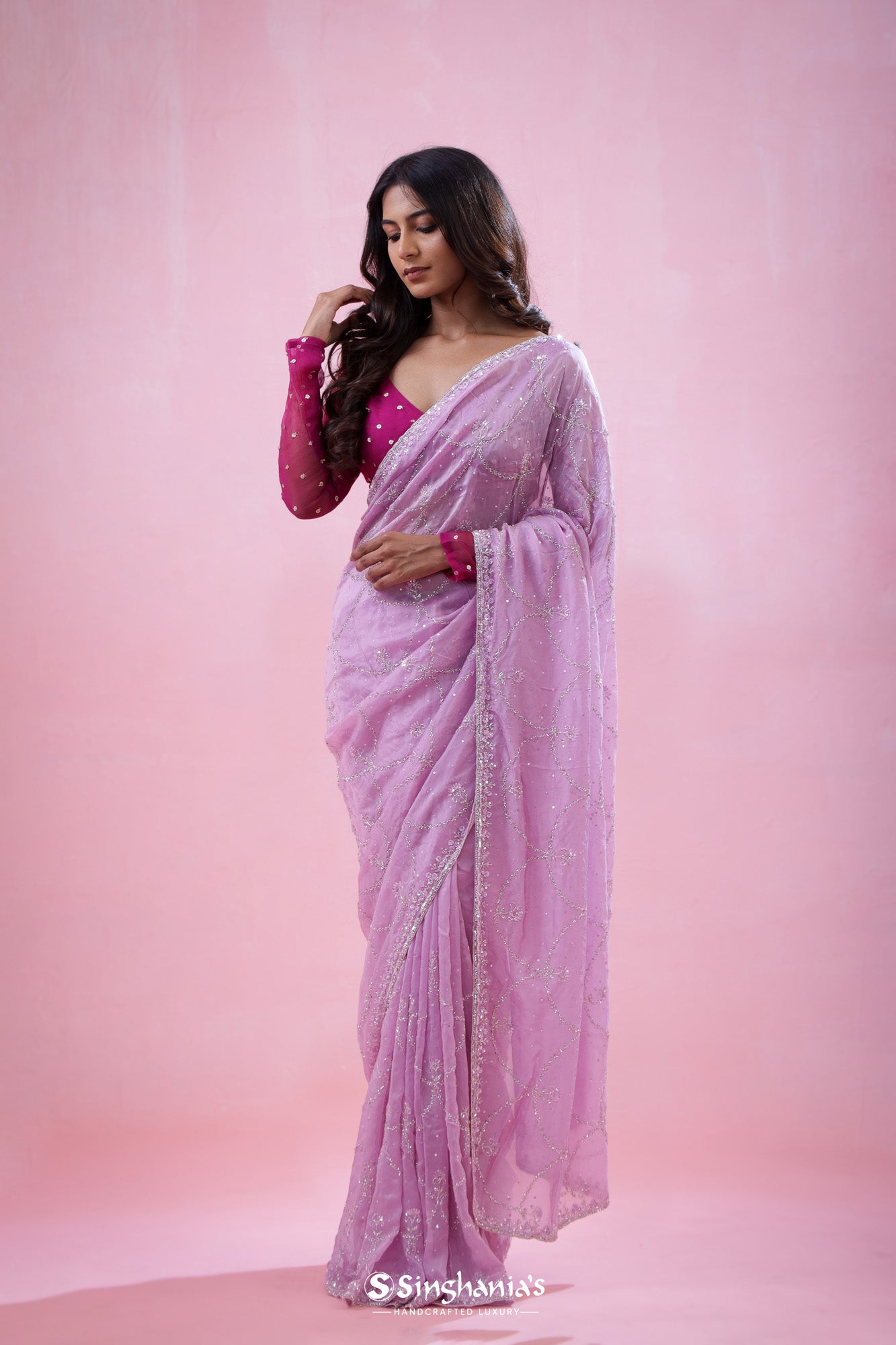 Plum Purple Organza Saree With Hand Embroidery