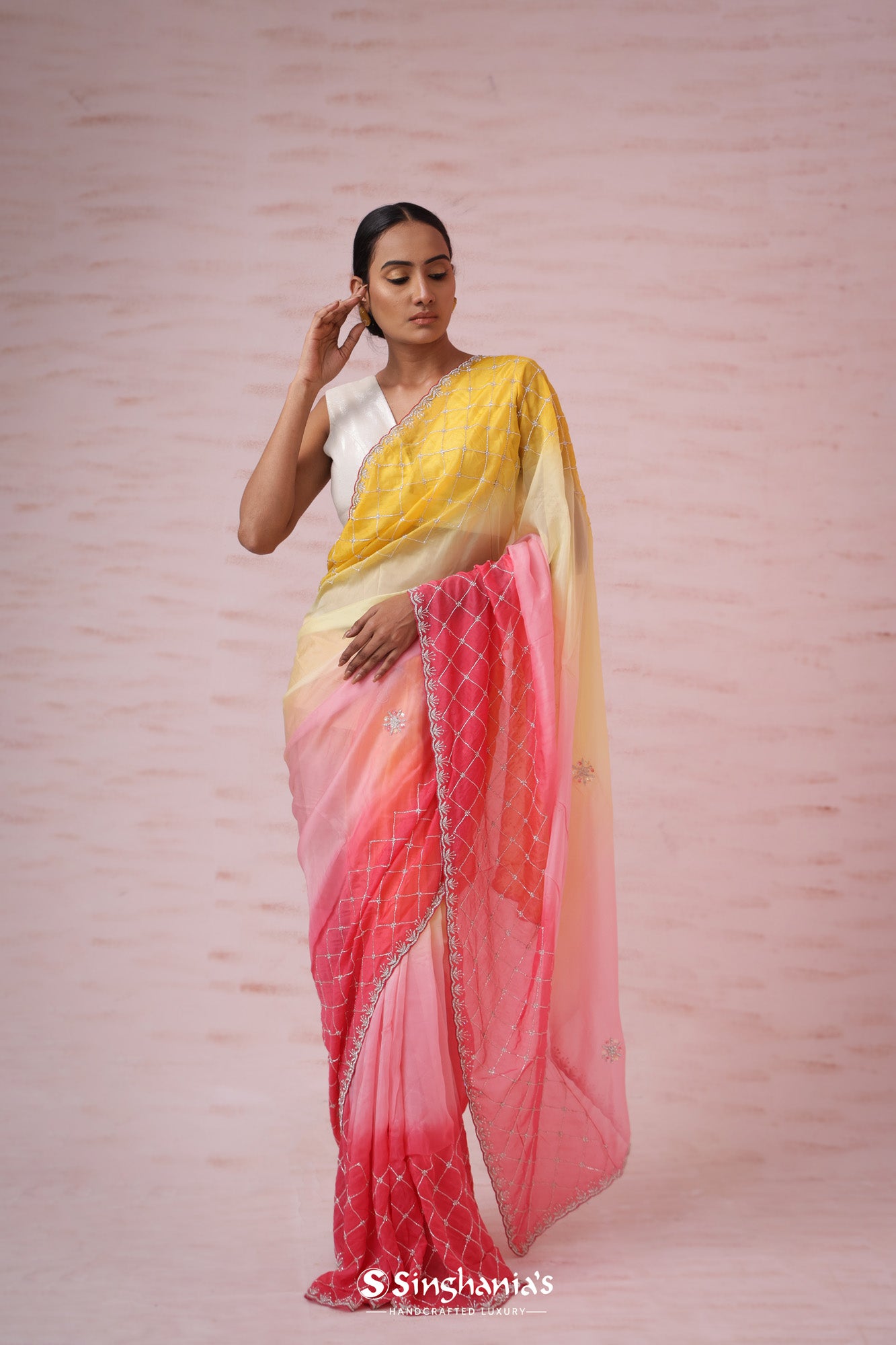Yellow And Peach Tissue Organza Saree With Hand Embroidery