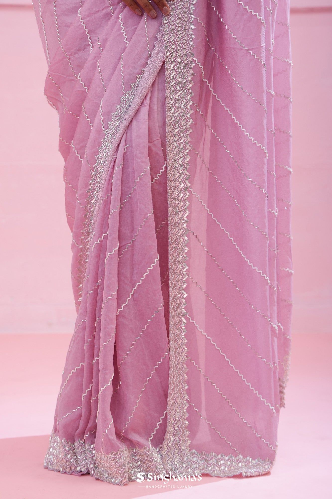 Lace Pink Tissue Organza Saree With Hand Embroidery
