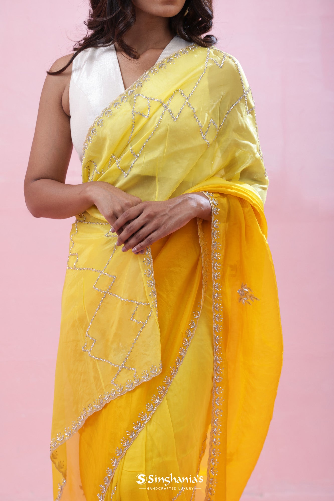 Bright Yellow Tissue Organza Saree With Hand Embroidery