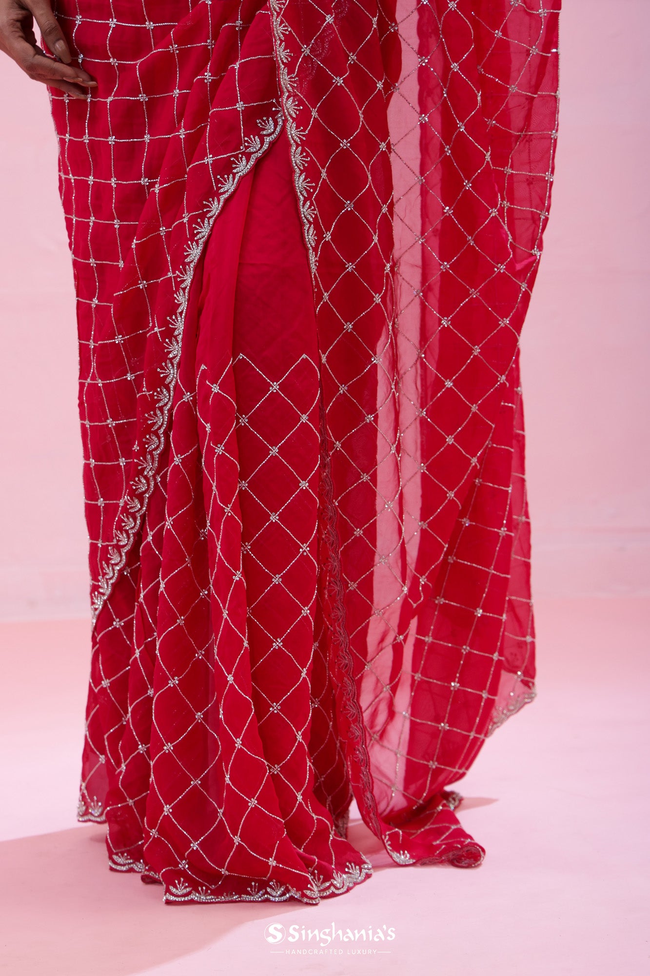 Deep Red Organza Saree With Hand Embroidery