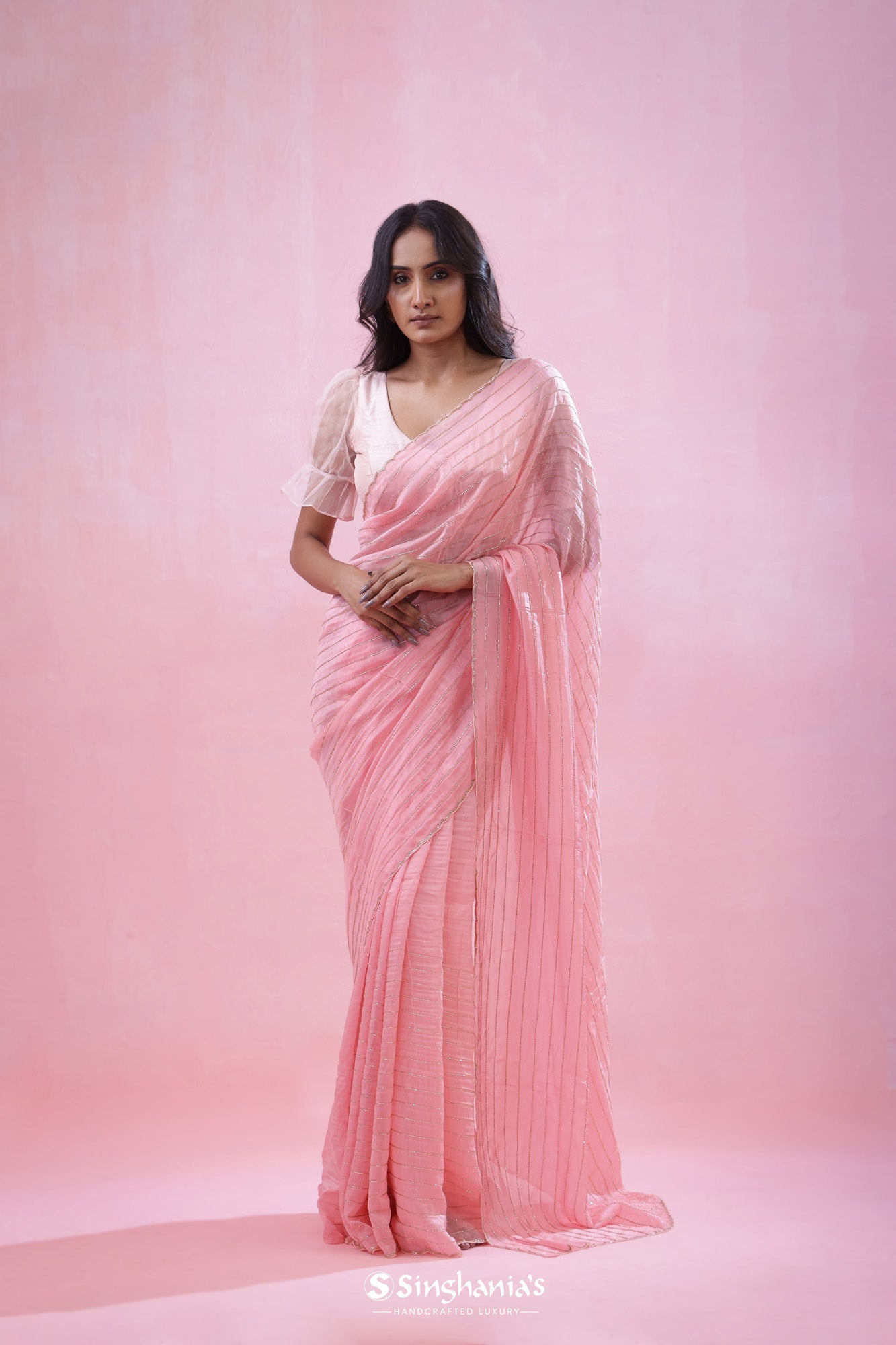 Flamingo Pink Organza Saree With Hand Embroidery