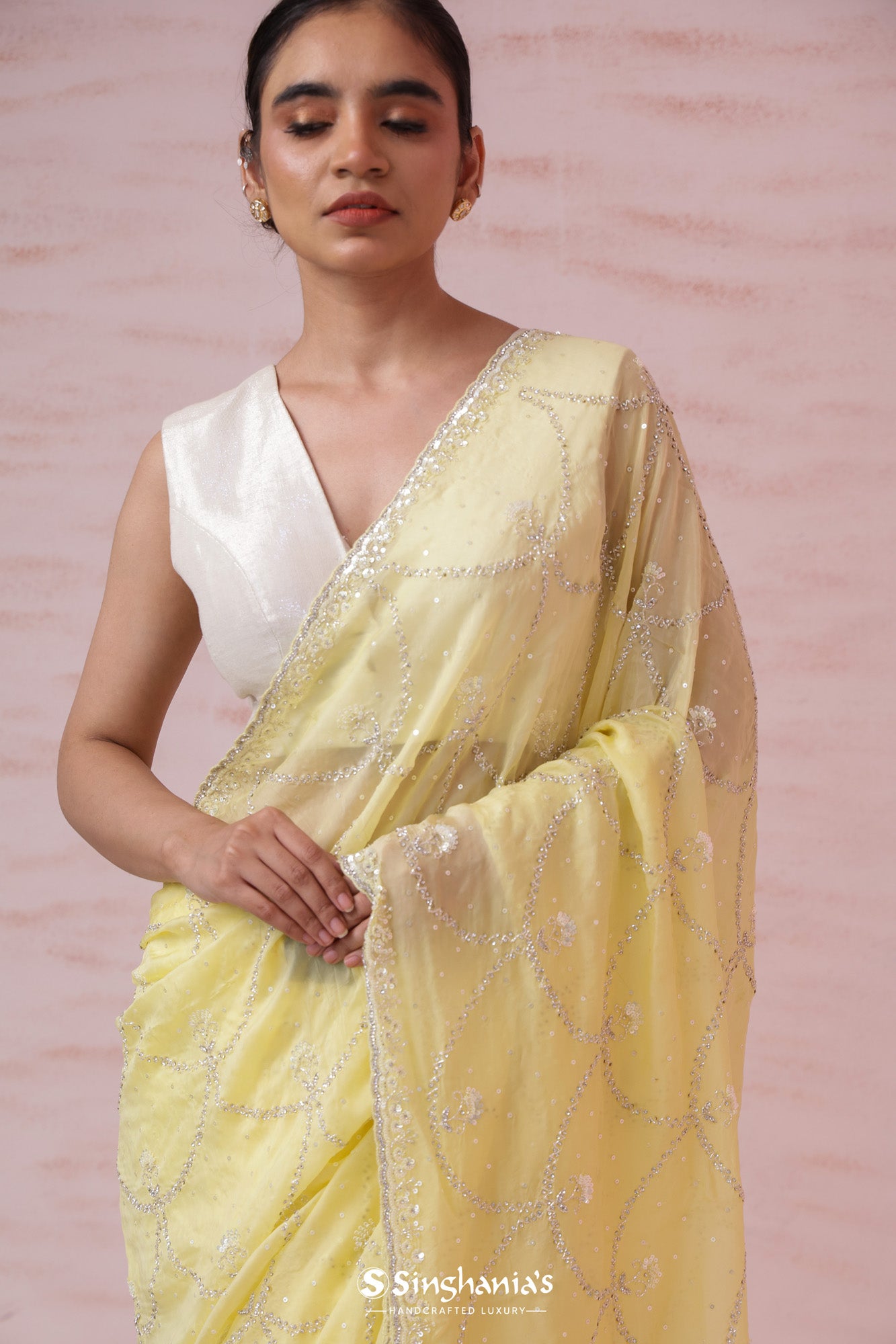 Corn Yellow Embroidery Organza Saree With Jaal Design
