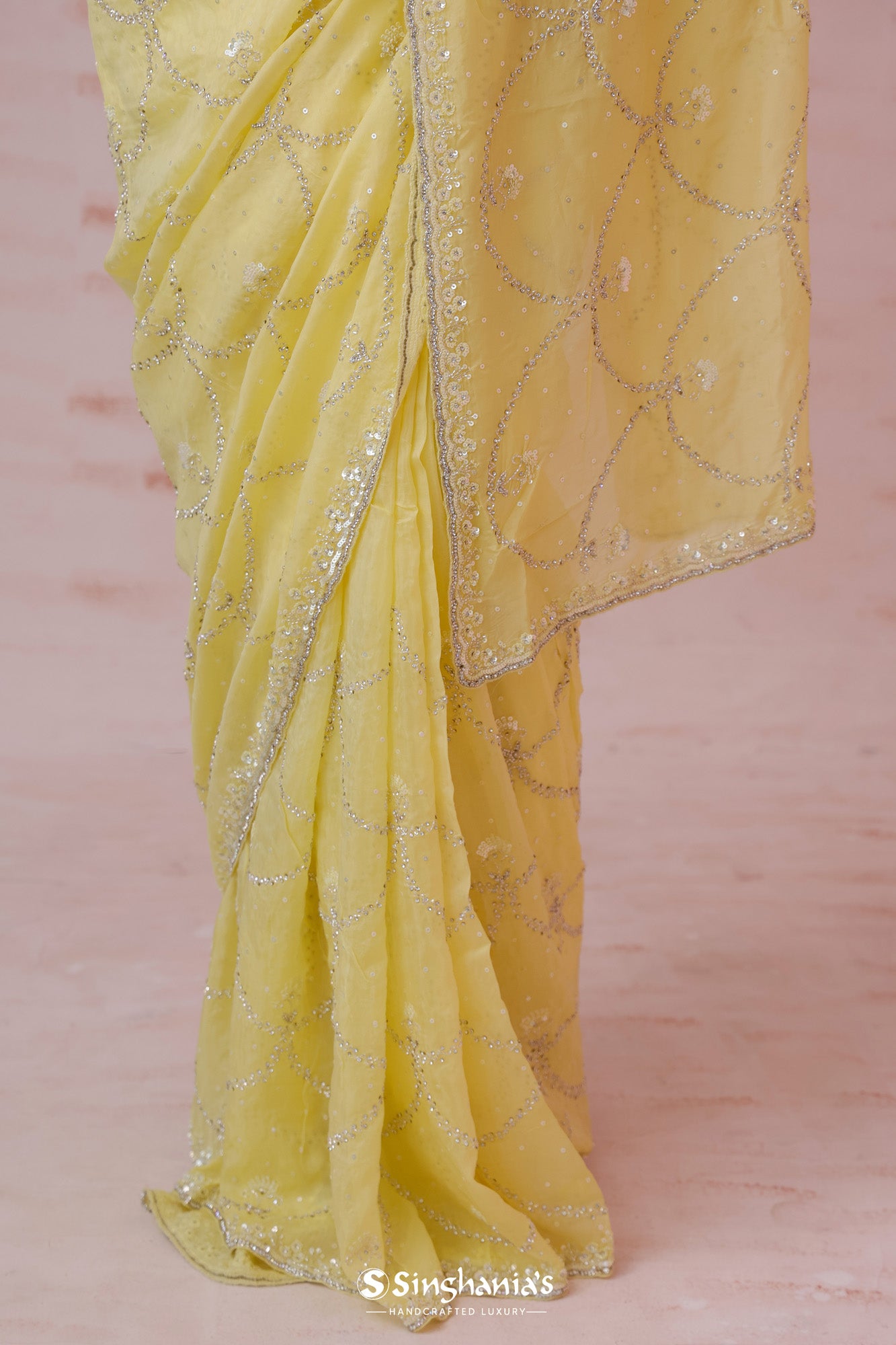 Corn Yellow Embroidery Organza Saree With Jaal Design