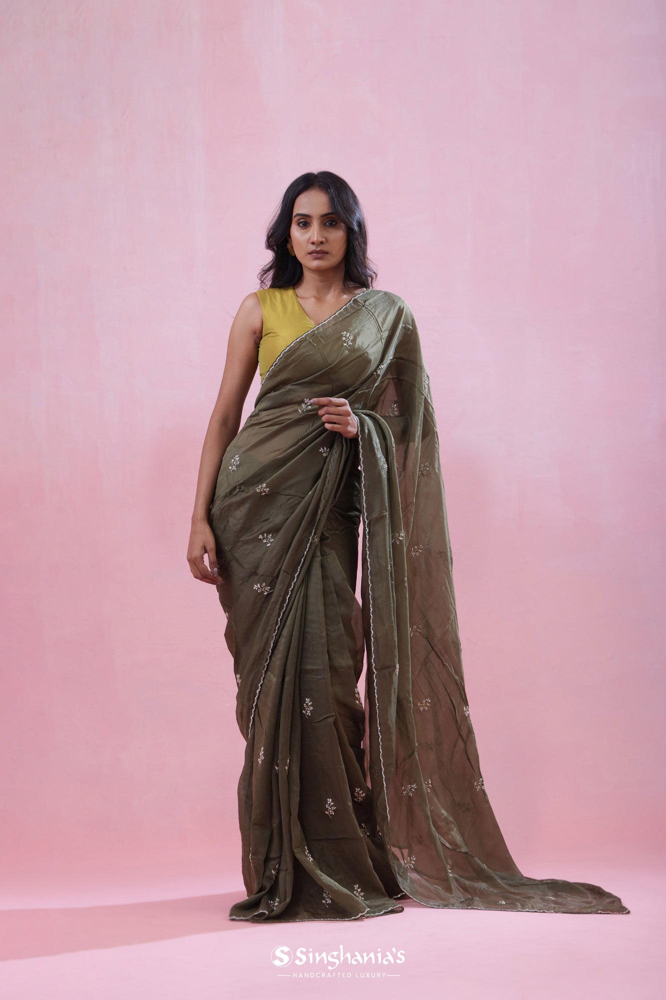 Camouflage Green Tissue Organza Saree With Hand Embroidery