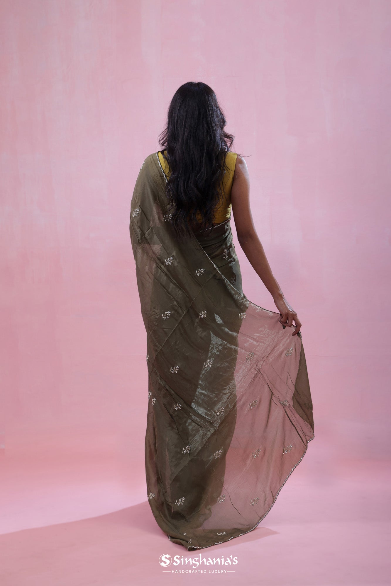 Camouflage Green Tissue Organza Saree With Hand Embroidery