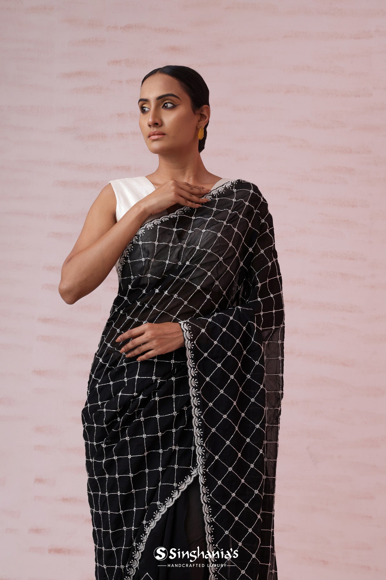 Black Organza Designer Saree With Hand Embroidery