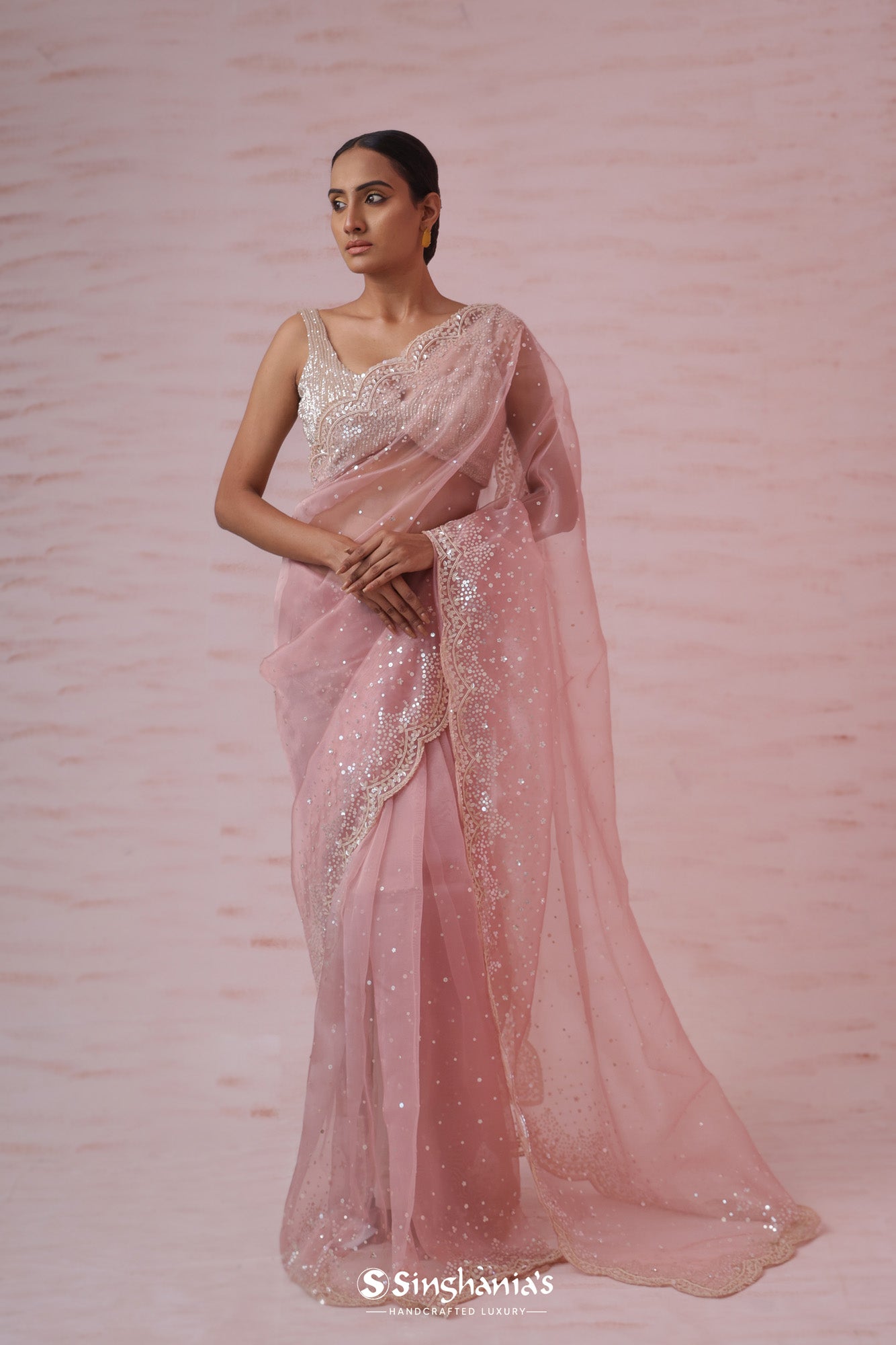 Pink Peach Tissue Organza Saree With Hand Embroidery