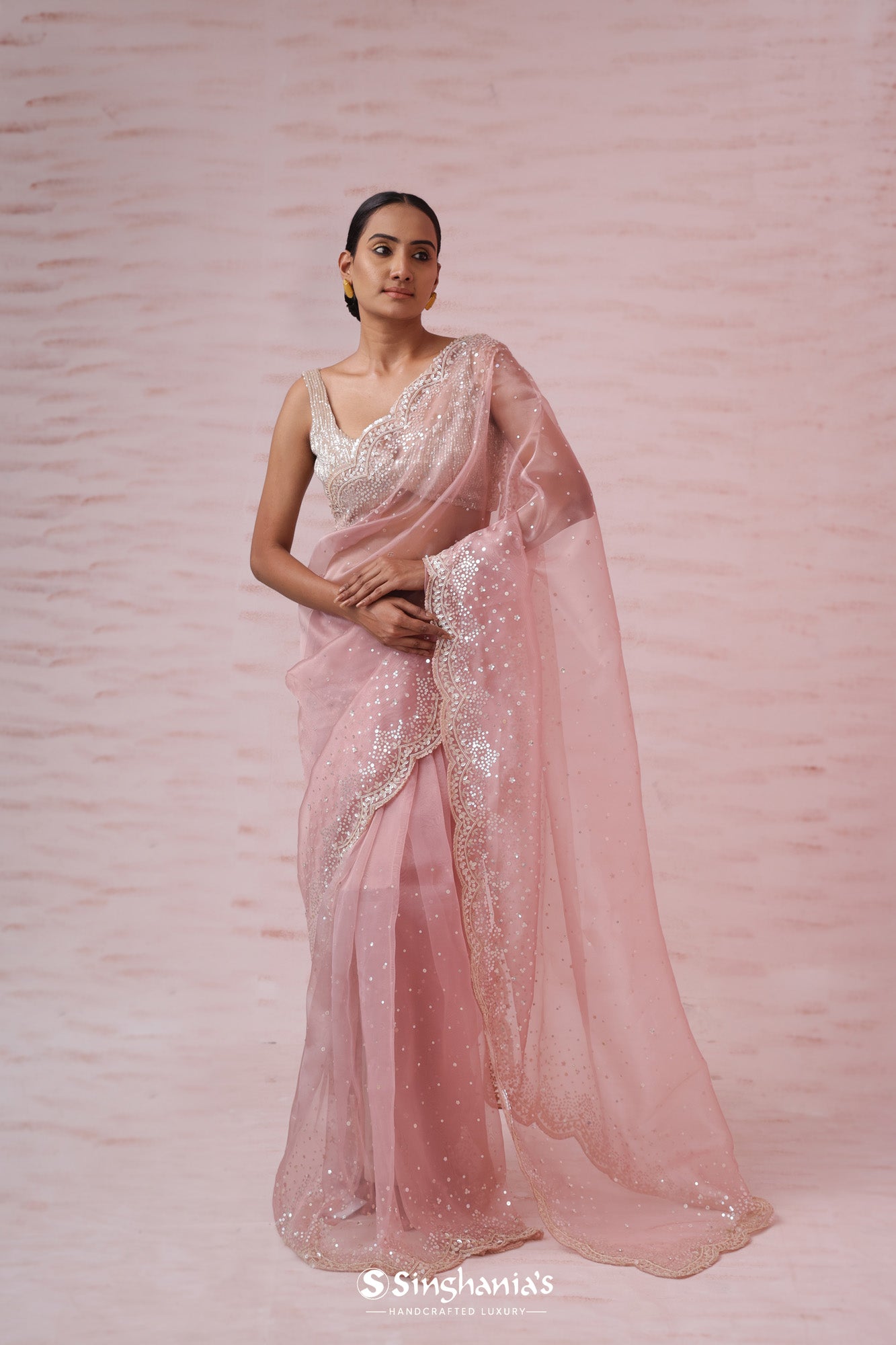Pink Peach Tissue Organza Saree With Hand Embroidery