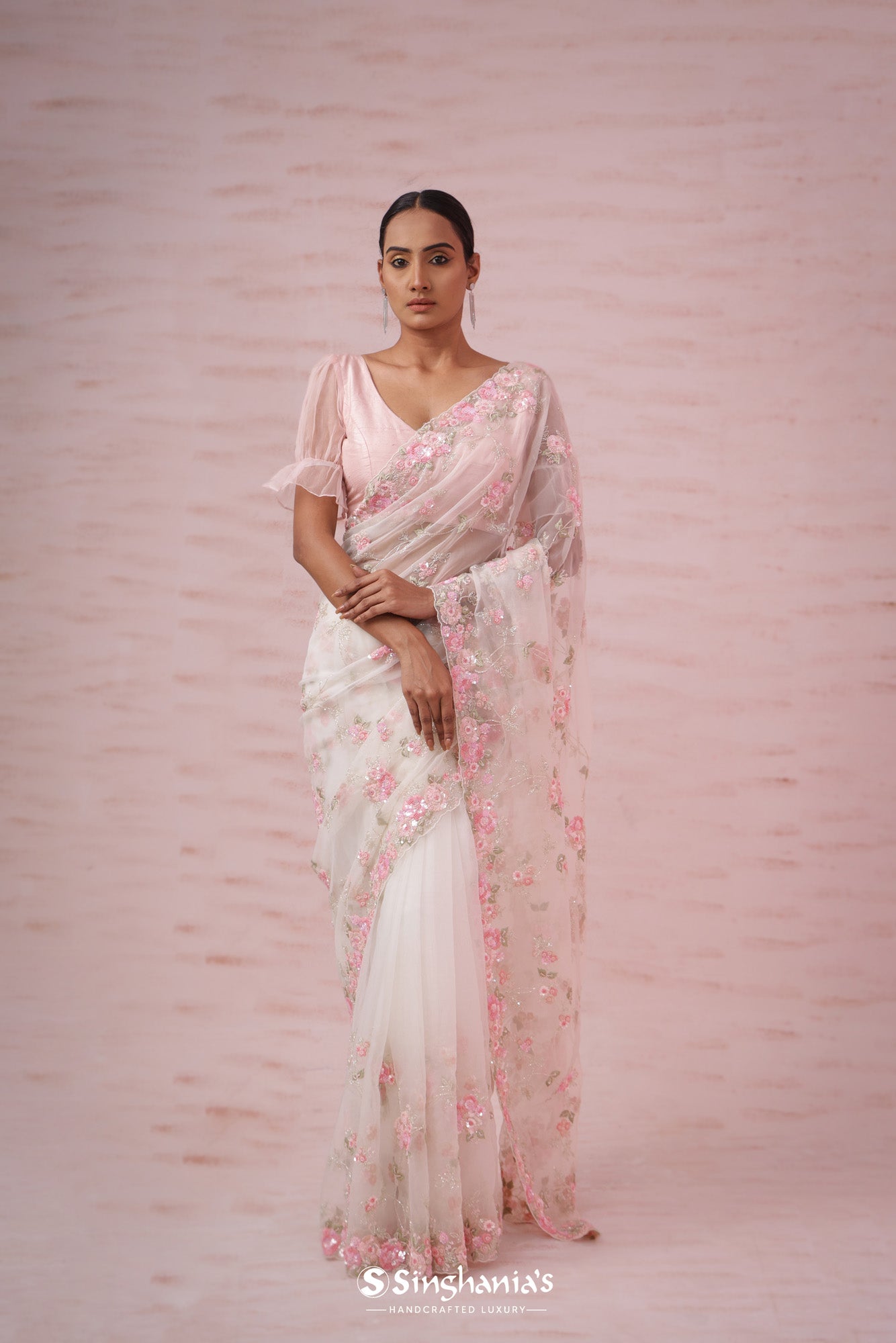 Ethereal White Organza Saree With Hand Embroidery
