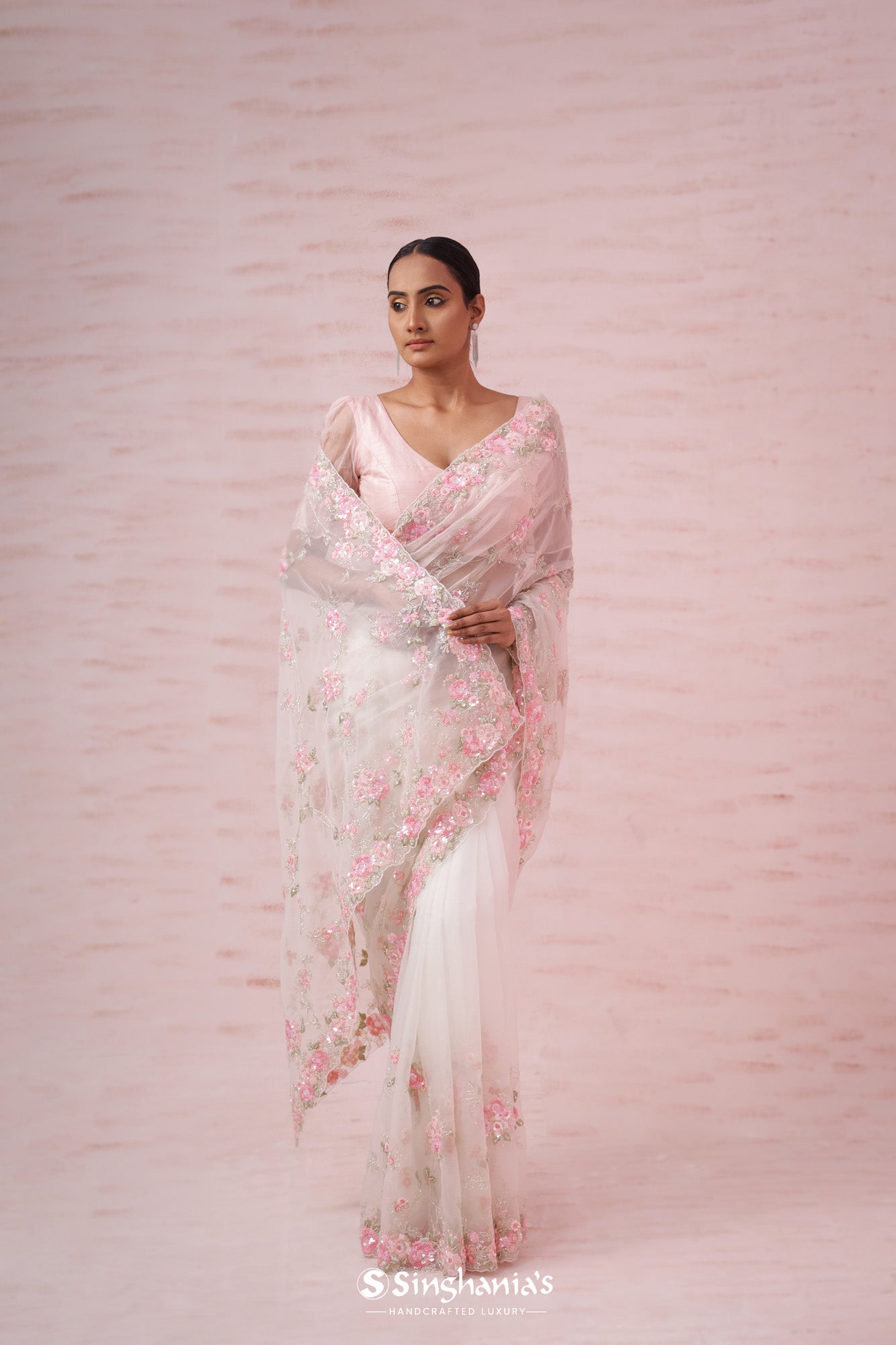 Ethereal White Organza Saree With Hand Embroidery