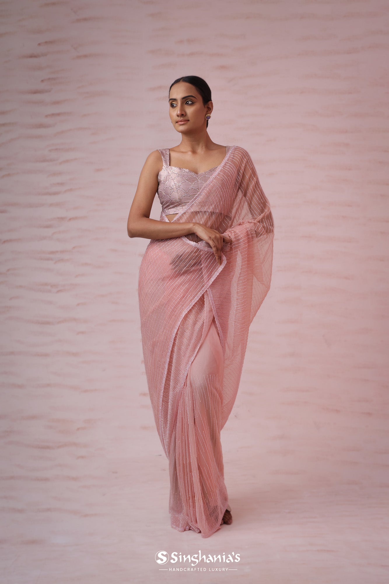 Coral Pink Organza Saree With Hand Embroidery