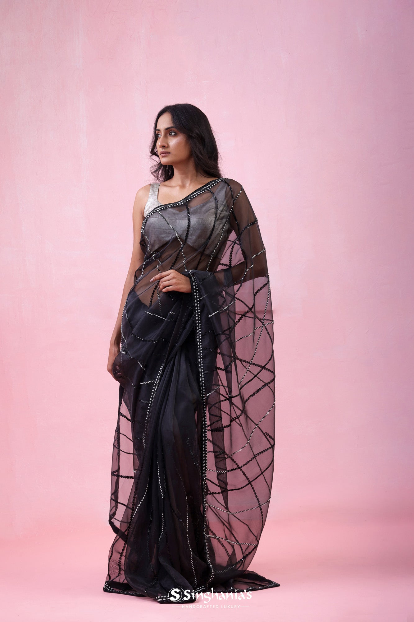 Ink Black Organza Saree With Hand Embroidery