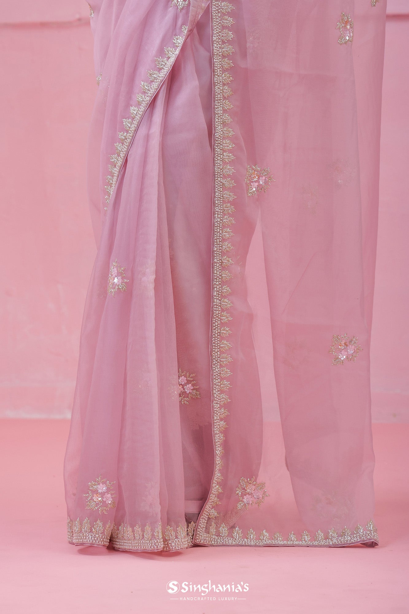 Pale Lavender Organza Saree With Hand Embroidery
