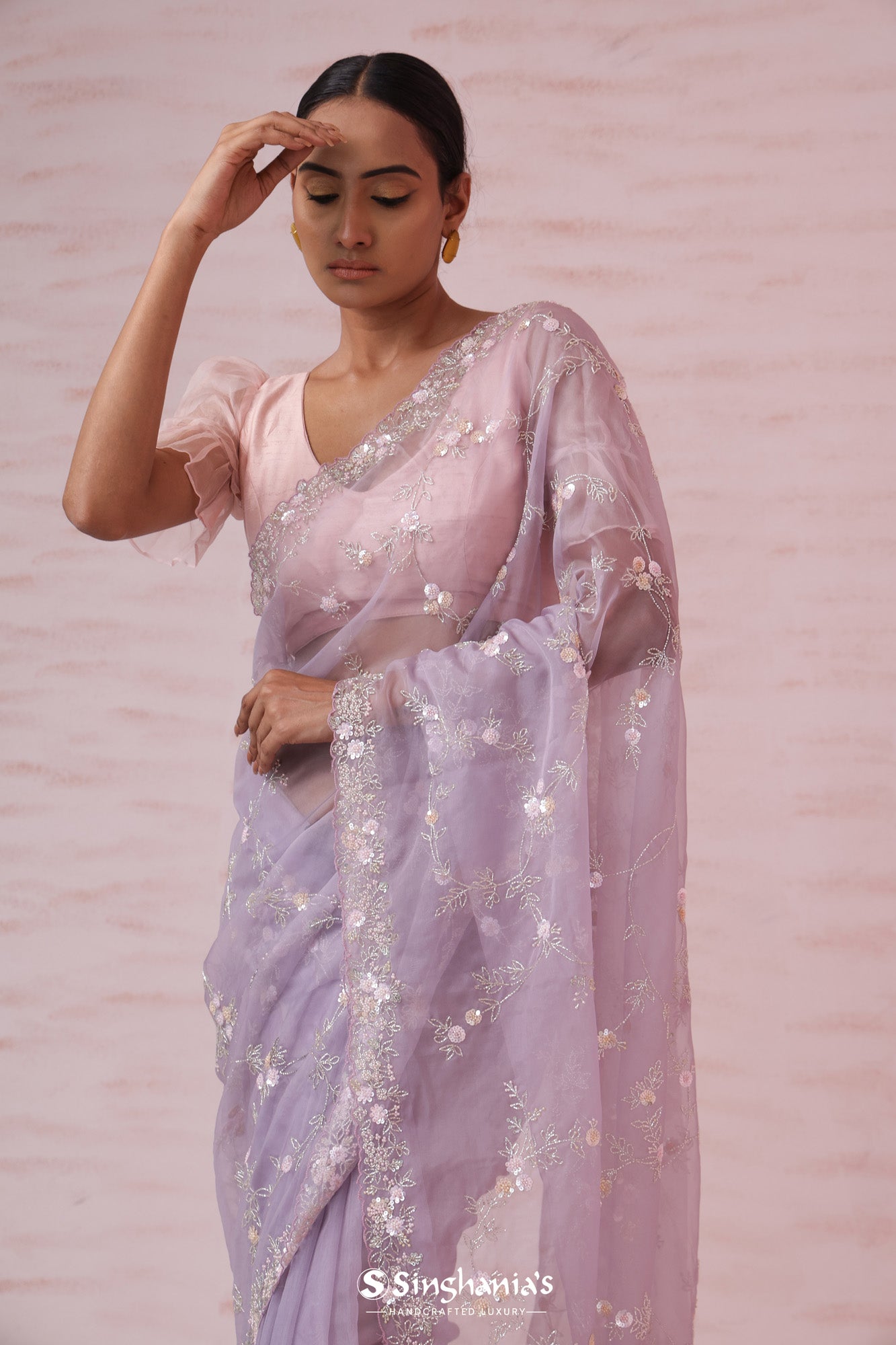 Languid Lavender Organza Saree With Hand Embroidery