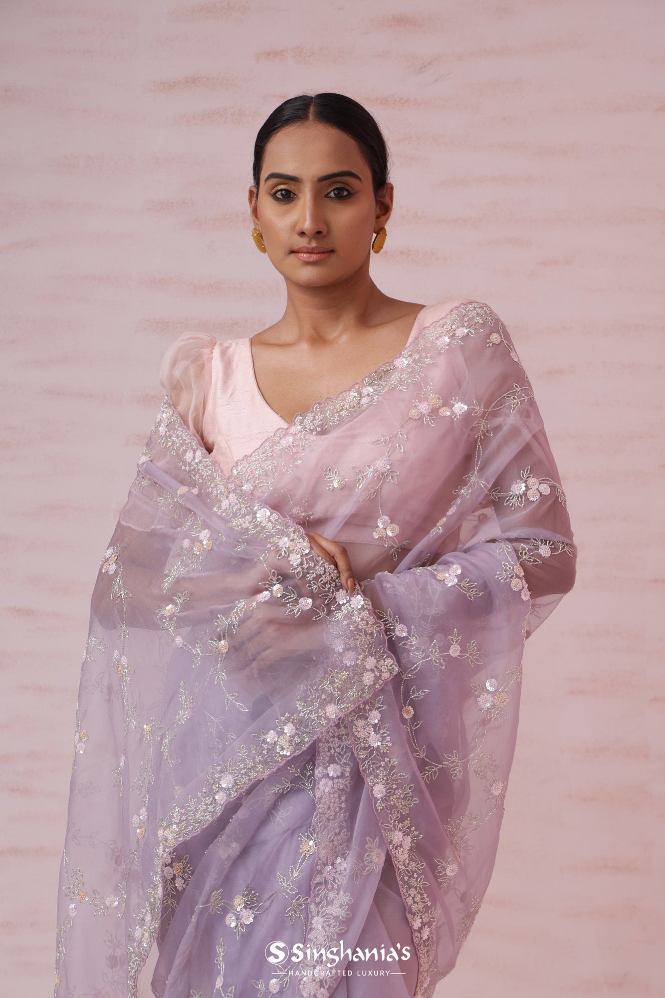 Languid Lavender Organza Saree With Hand Embroidery