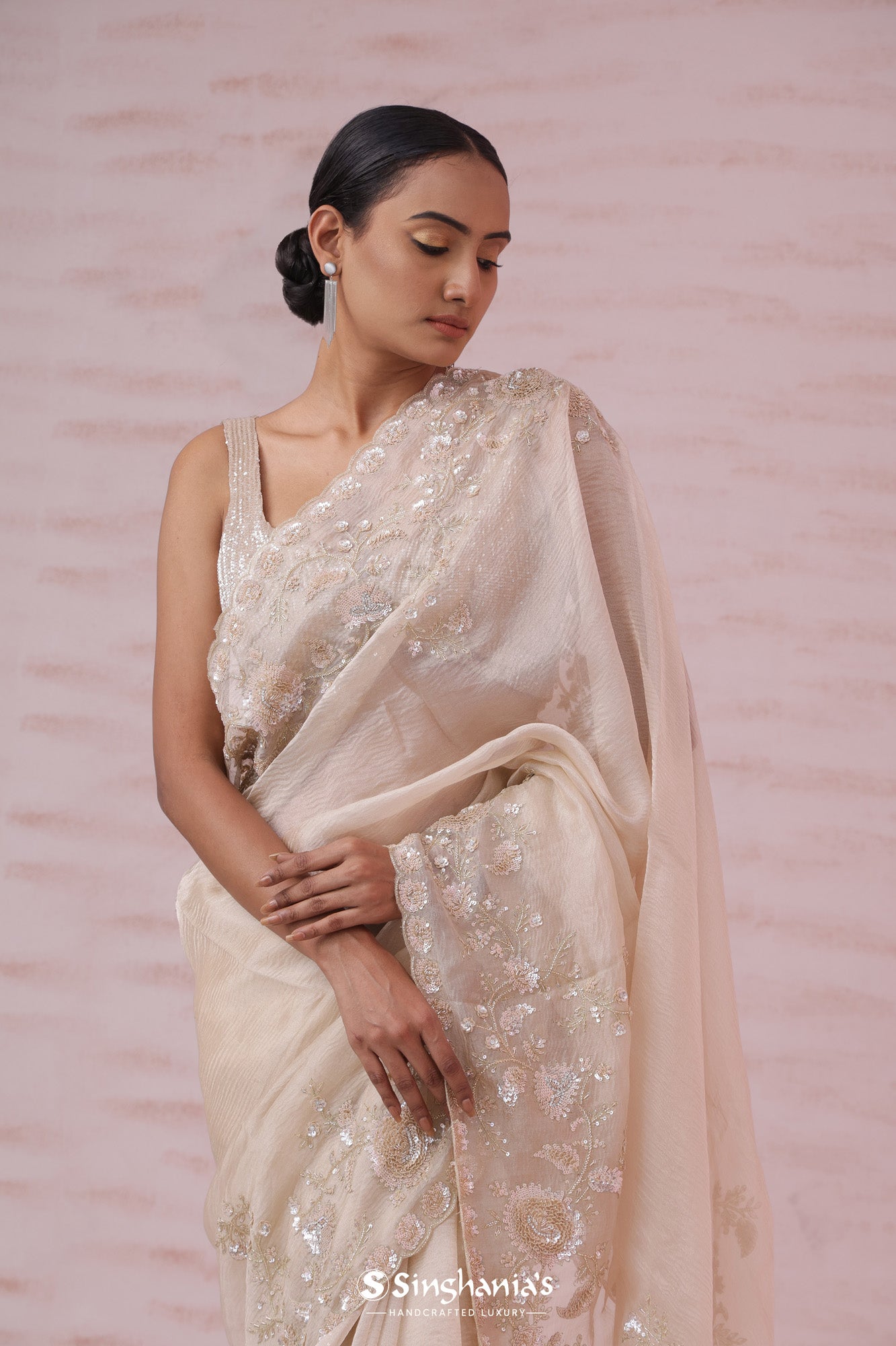 Pristine White Crushed Tissue Organza Saree With Hand Embroidery