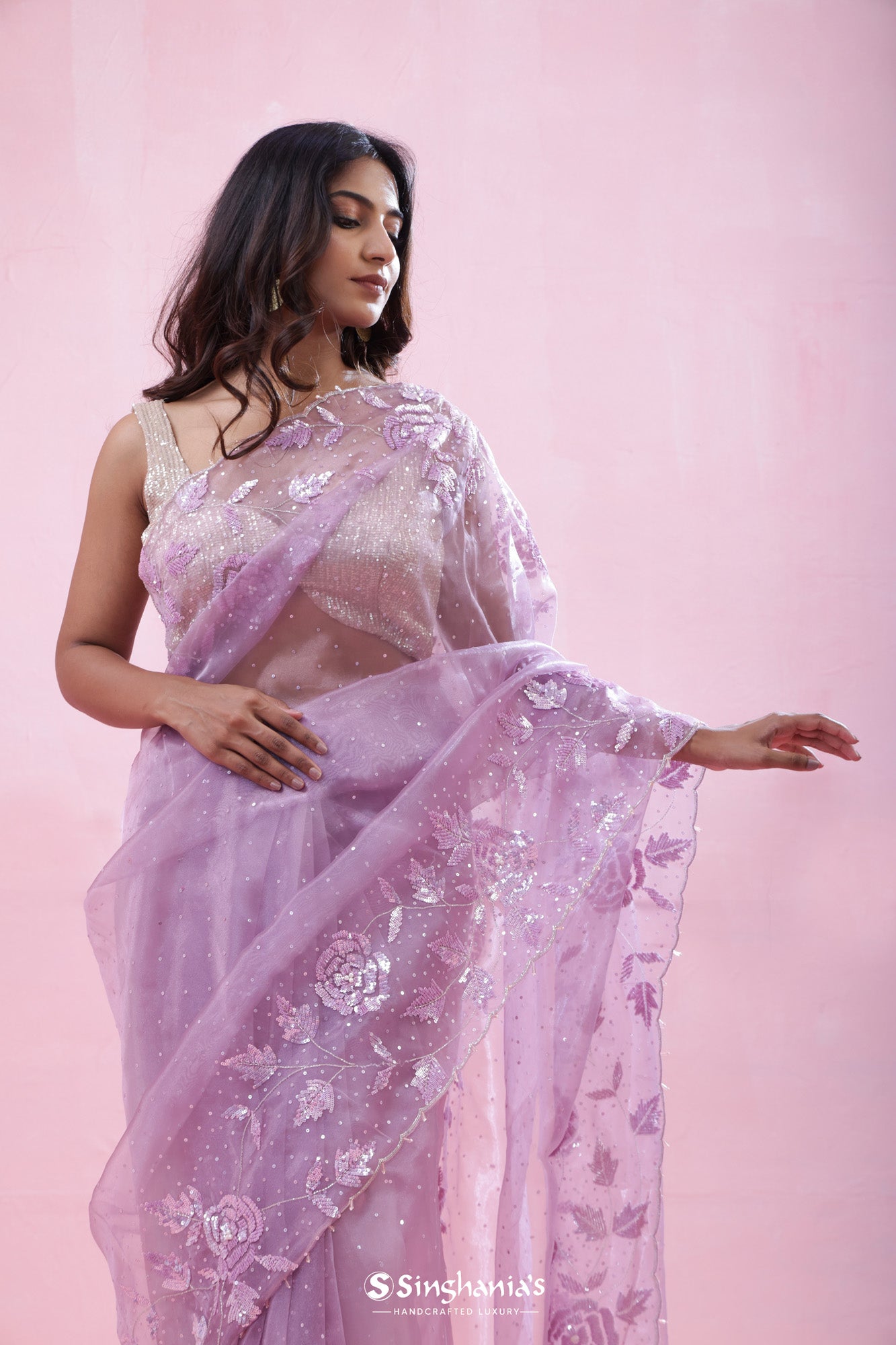 Light Orchid Purple Tissue Organza Saree With Hand Embroidery