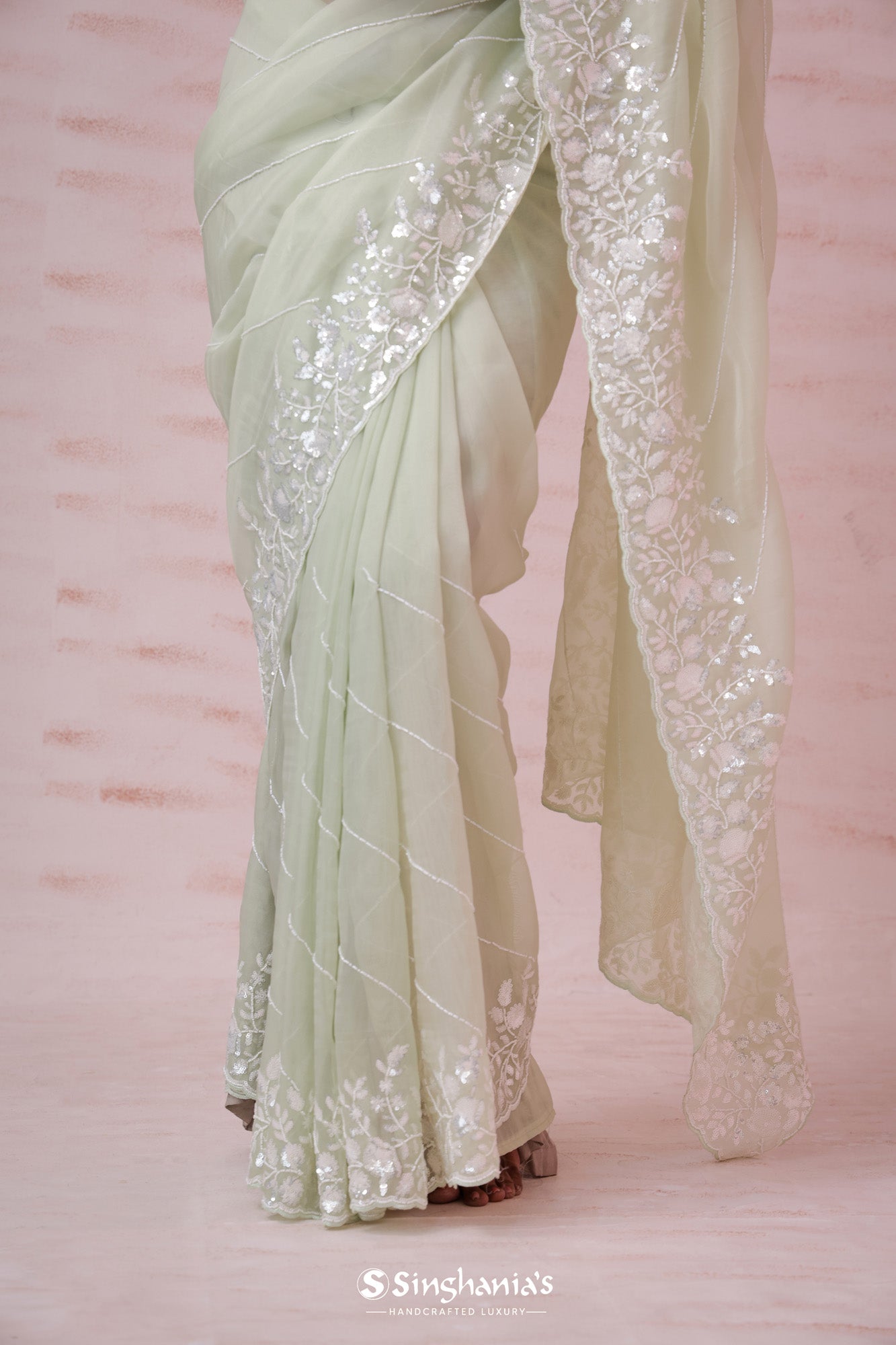 Pale Pista Green Organza Saree With Hand Embroidery