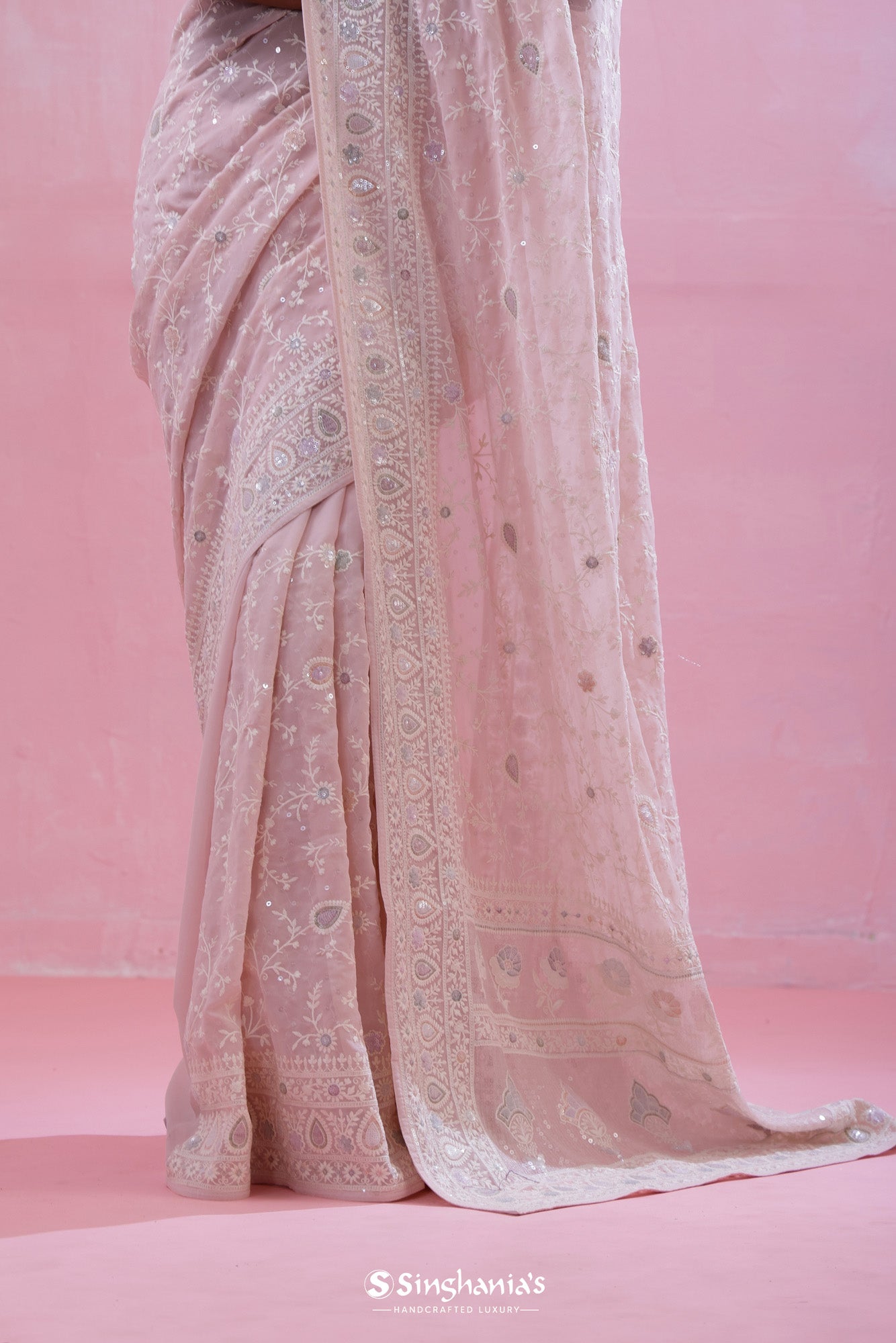 Off White Georgette Saree With Hand Embroidery