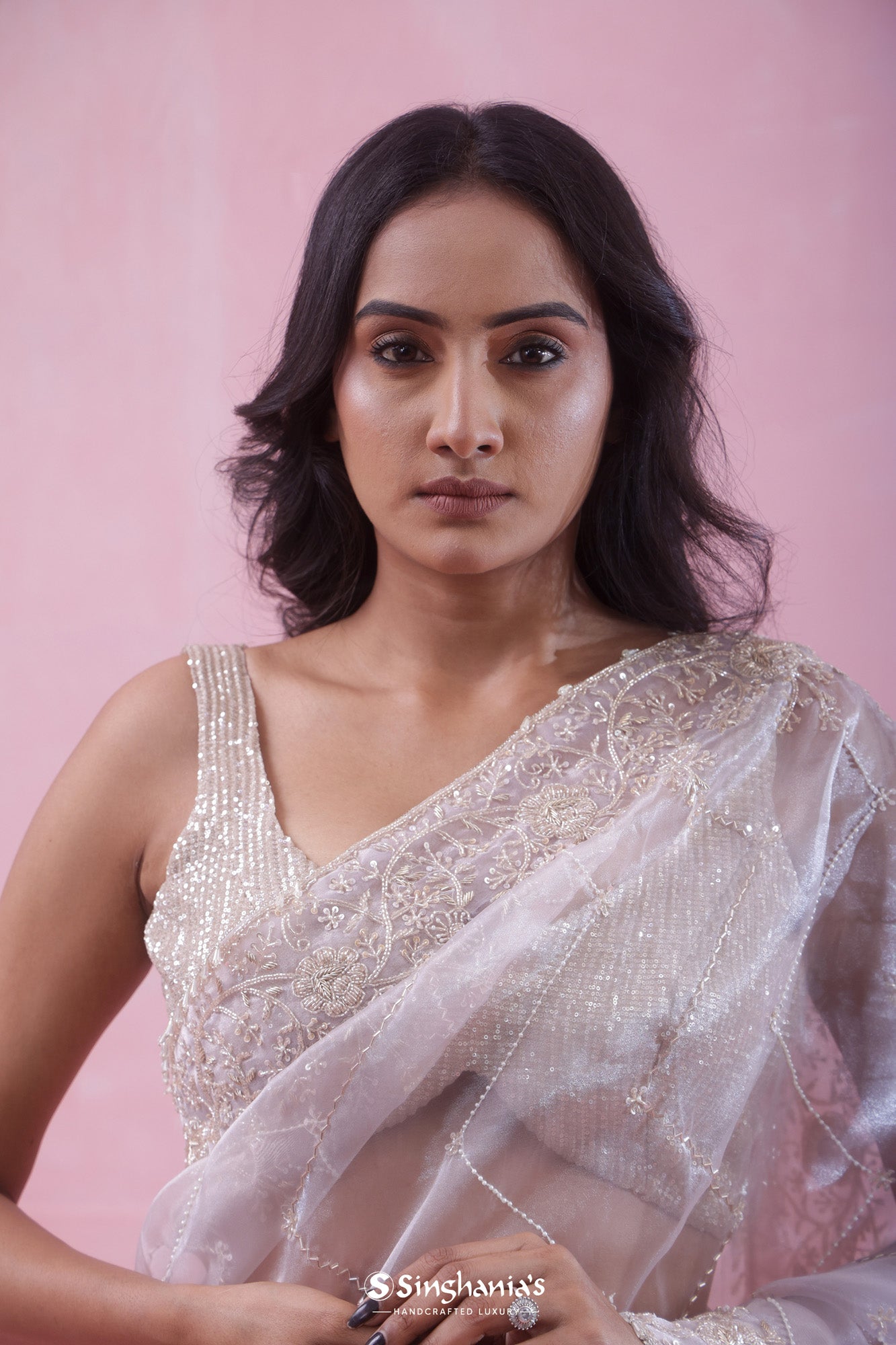 Pale Lavender Tissue Organza Saree With Hand Embroidery