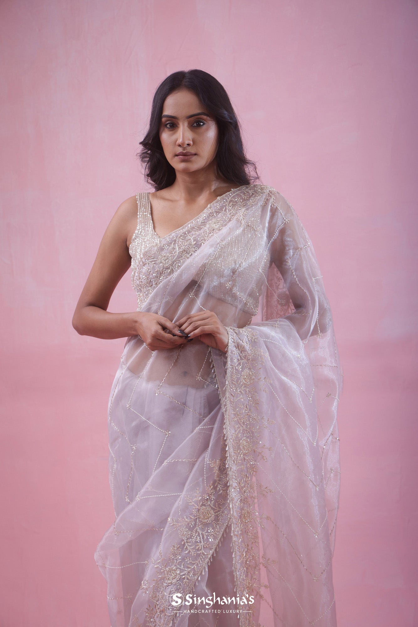 Pale Lavender Tissue Organza Saree With Hand Embroidery