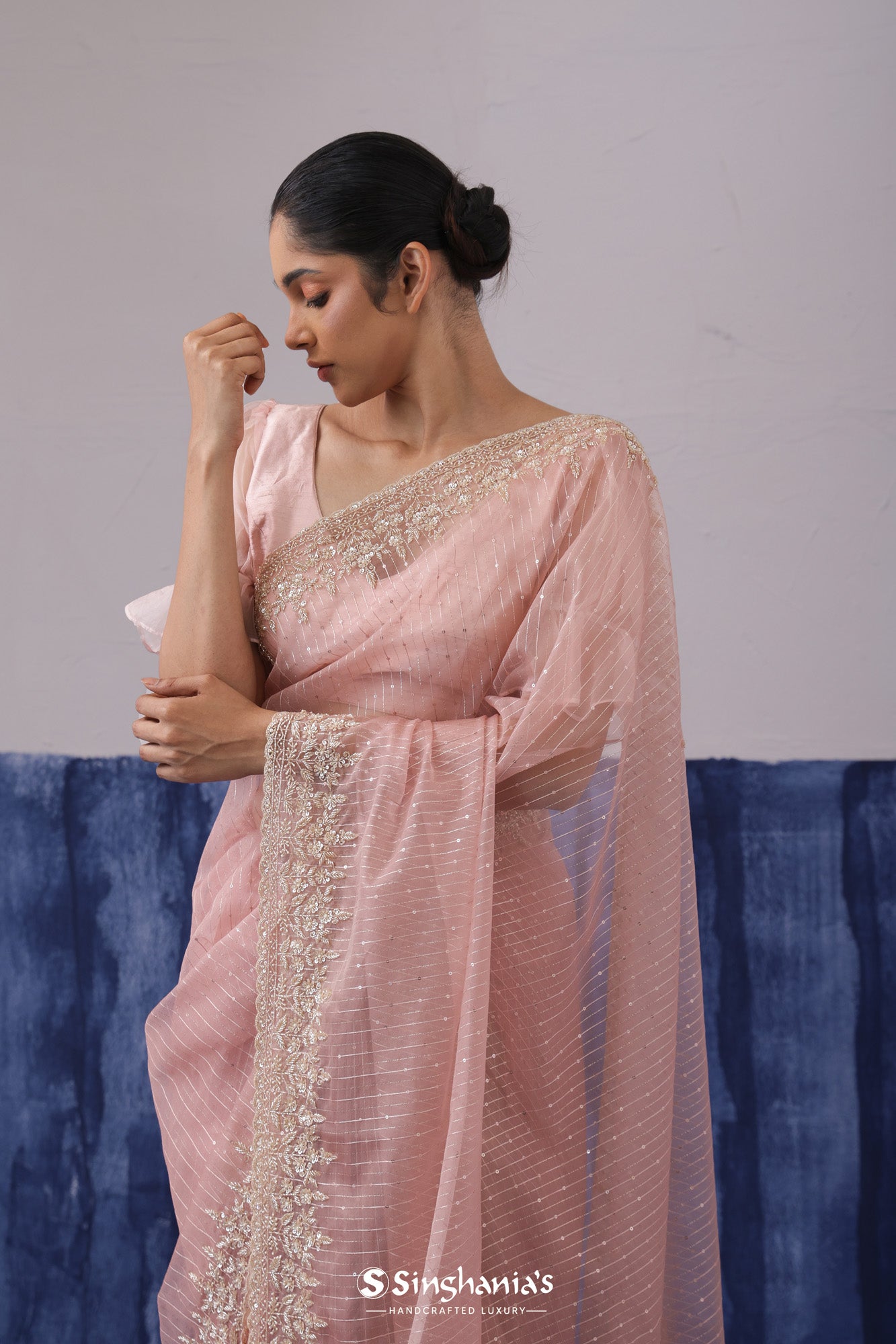 Tea Rose Pink Organza Saree With Hand Embroidery