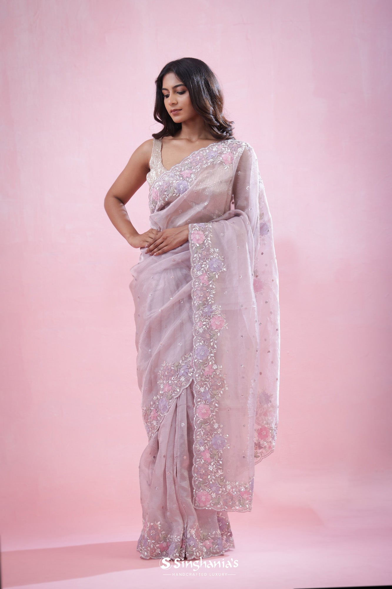 Oyster Pink Tissue Organza Saree With Hand Embroidery