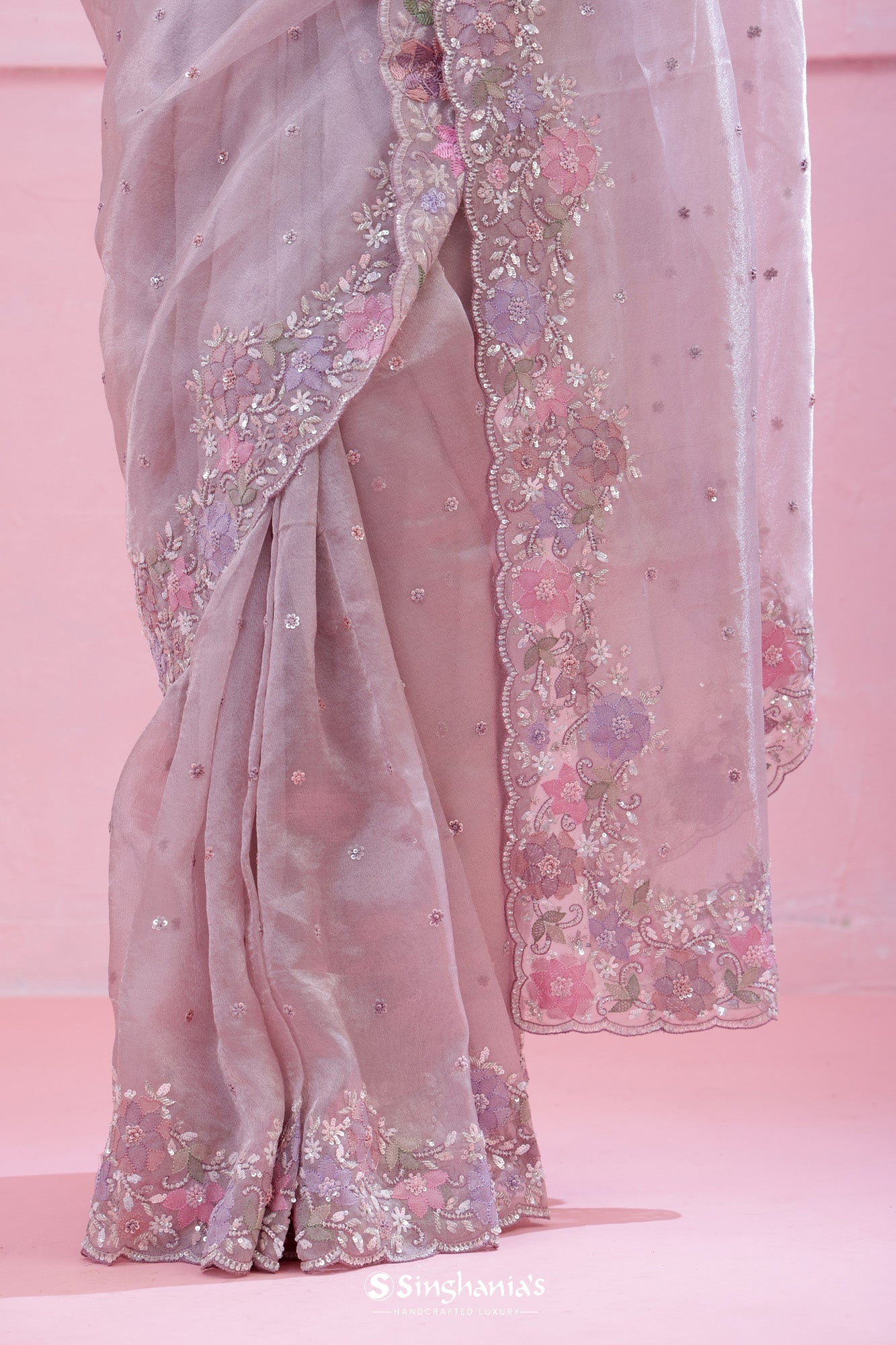 Oyster Pink Tissue Organza Saree With Hand Embroidery