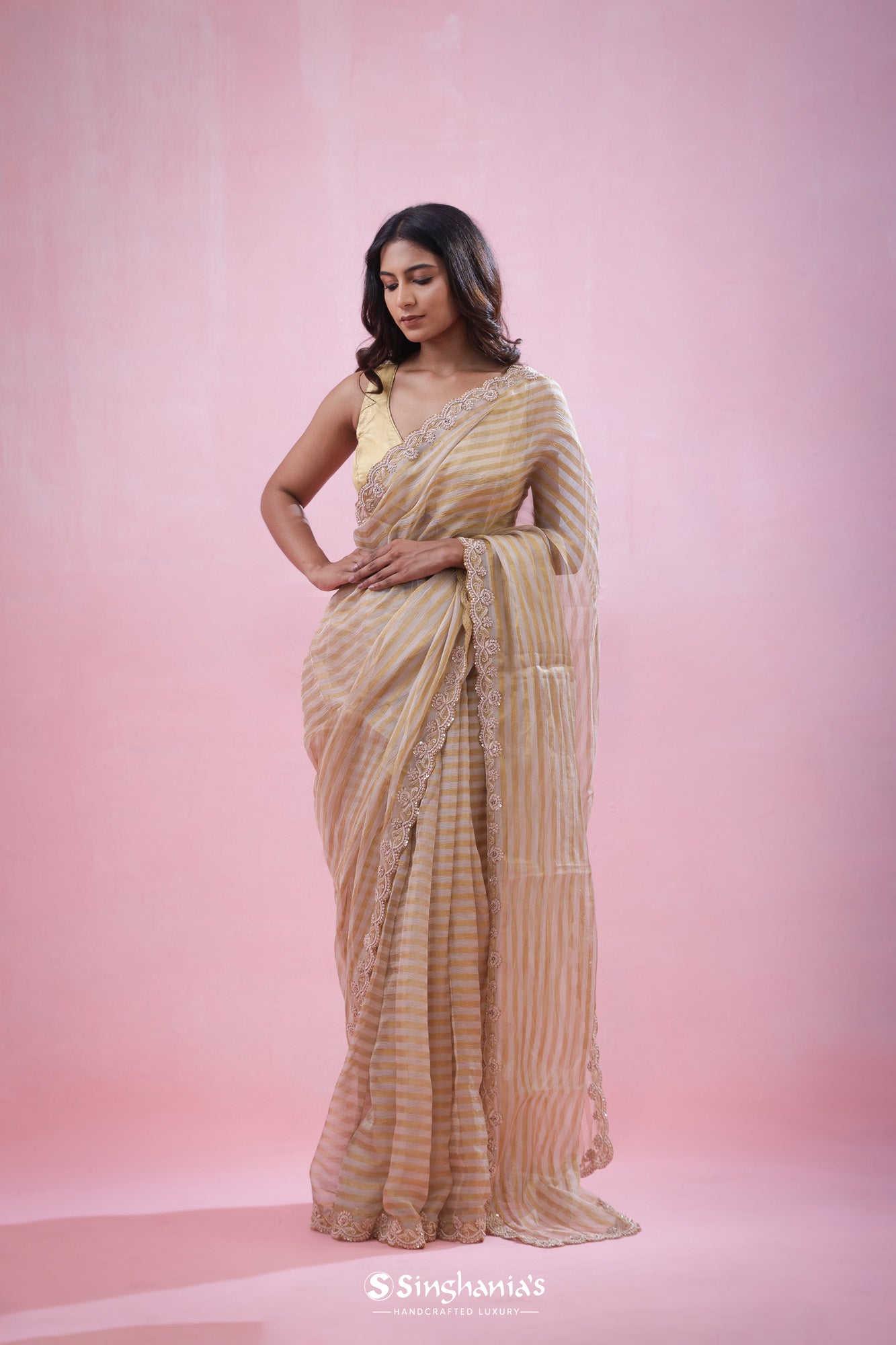 Pale Gold Crushed Tissue Organza Saree With Hand Embroidery