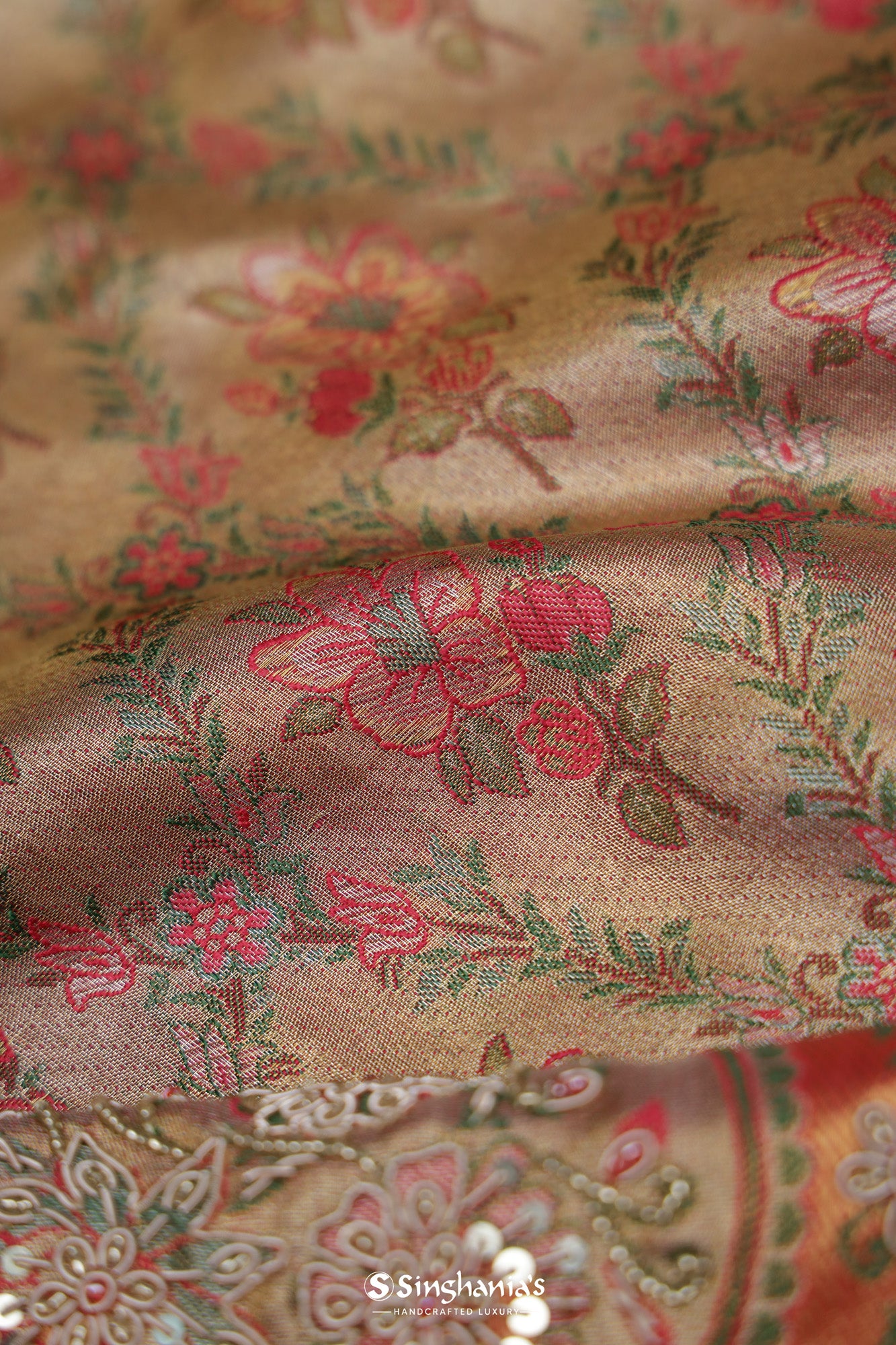 Earthy Yellow Kanjivaram Silk Saree With Hand Embroidery