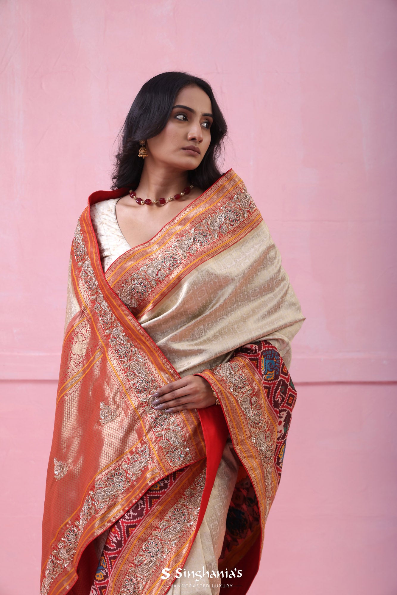 Cream White Kanjivaram Silk Saree With Patola Print And Embroidery