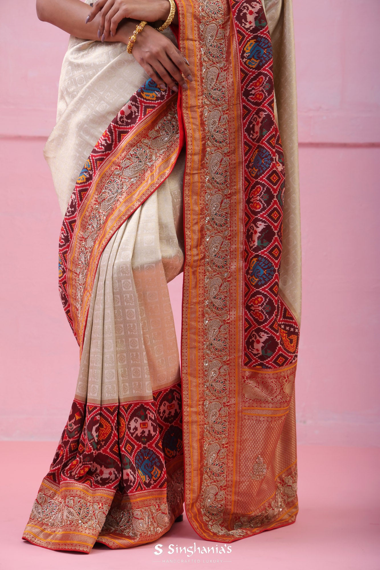 Cream White Kanjivaram Silk Saree With Patola Print And Embroidery