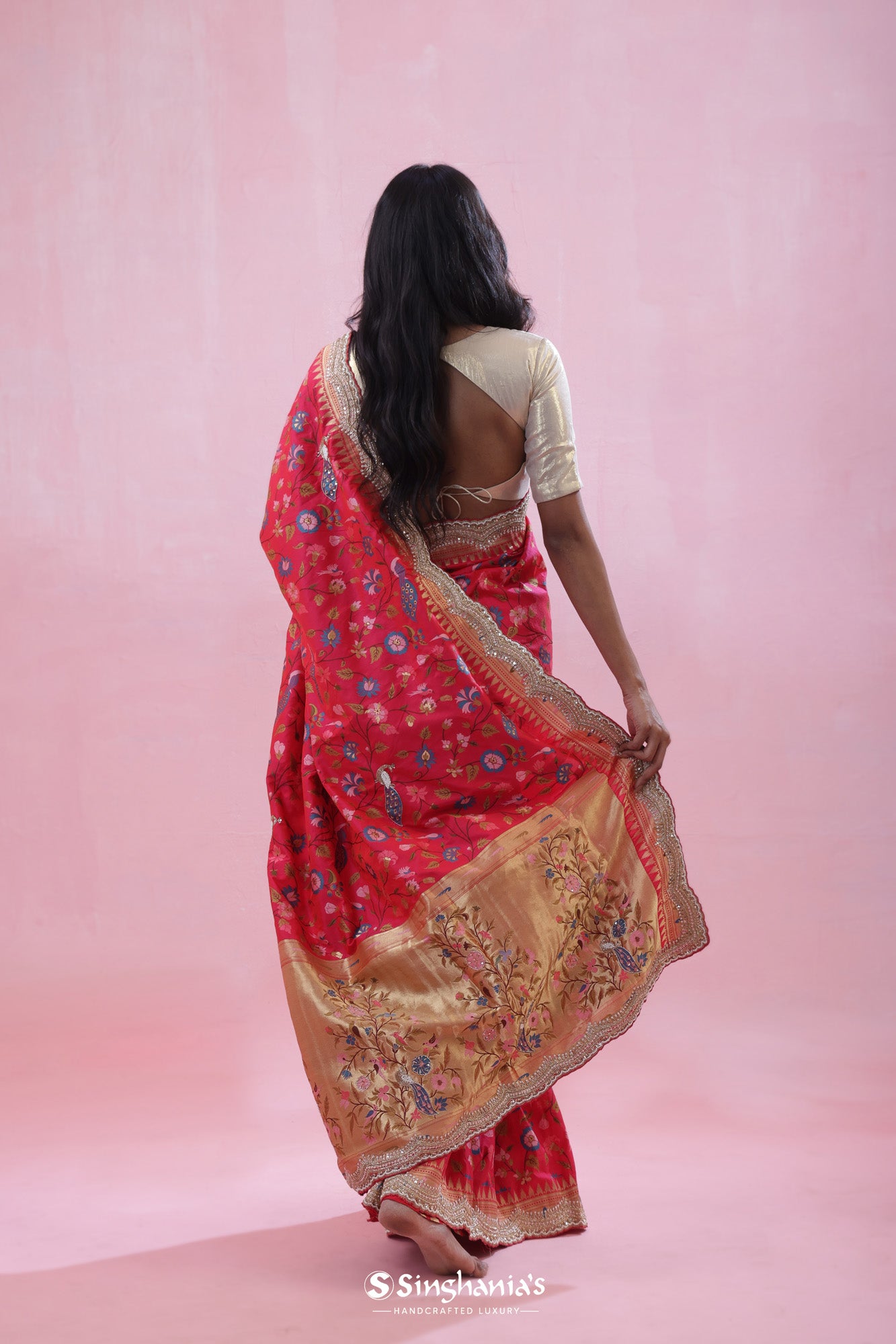 Desire Red Handcrafted Banarasi Silk Saree With Paithani Border