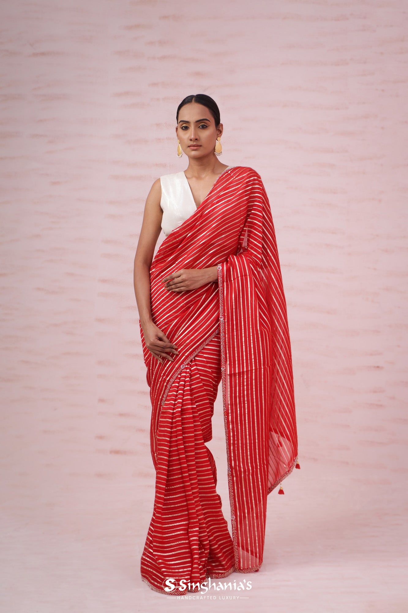 Dark Red Organza Designer Saree With Stripes Print