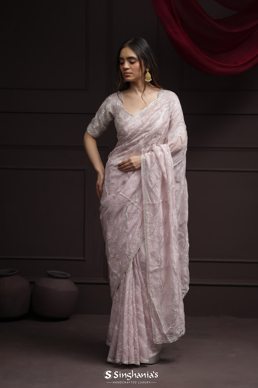Pale Purple Tissue Designer Saree With Floral Embroidery