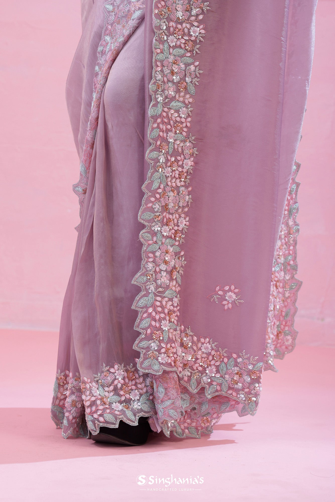 Pastel Purple Tissue Organza Saree With Hand Embroidery