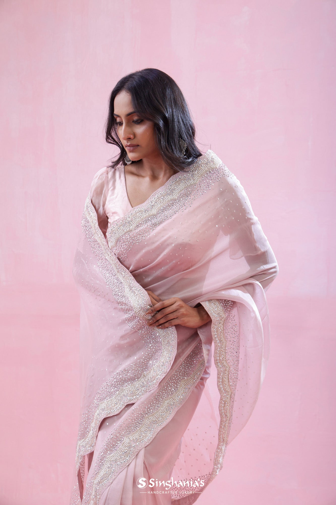 Lemonade Pink Tissue Organza Saree With Hand Embroidery