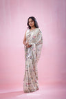 Light Beige Printed Organza Saree With Hand Embroidery