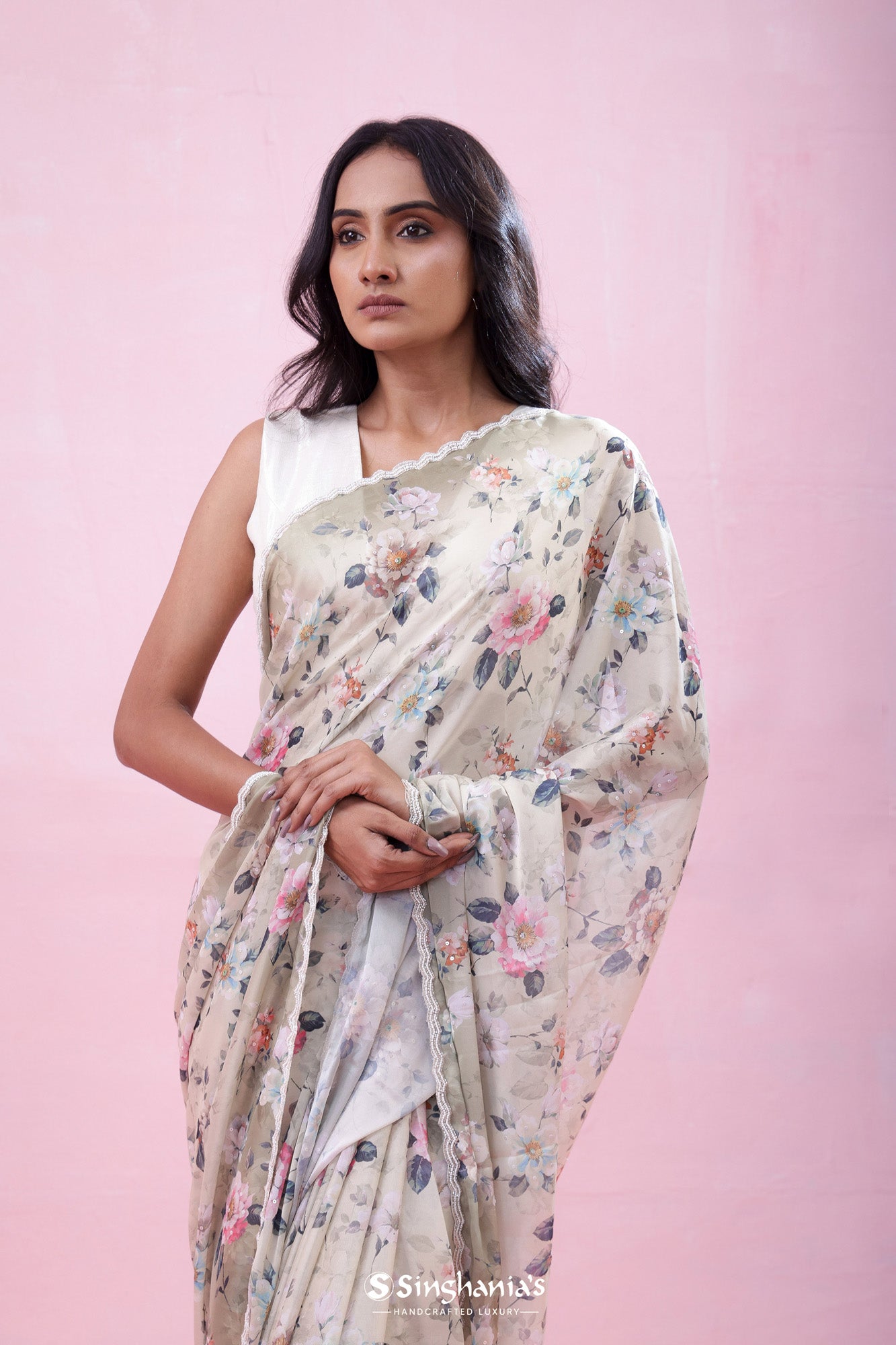Light Beige Printed Organza Saree With Hand Embroidery