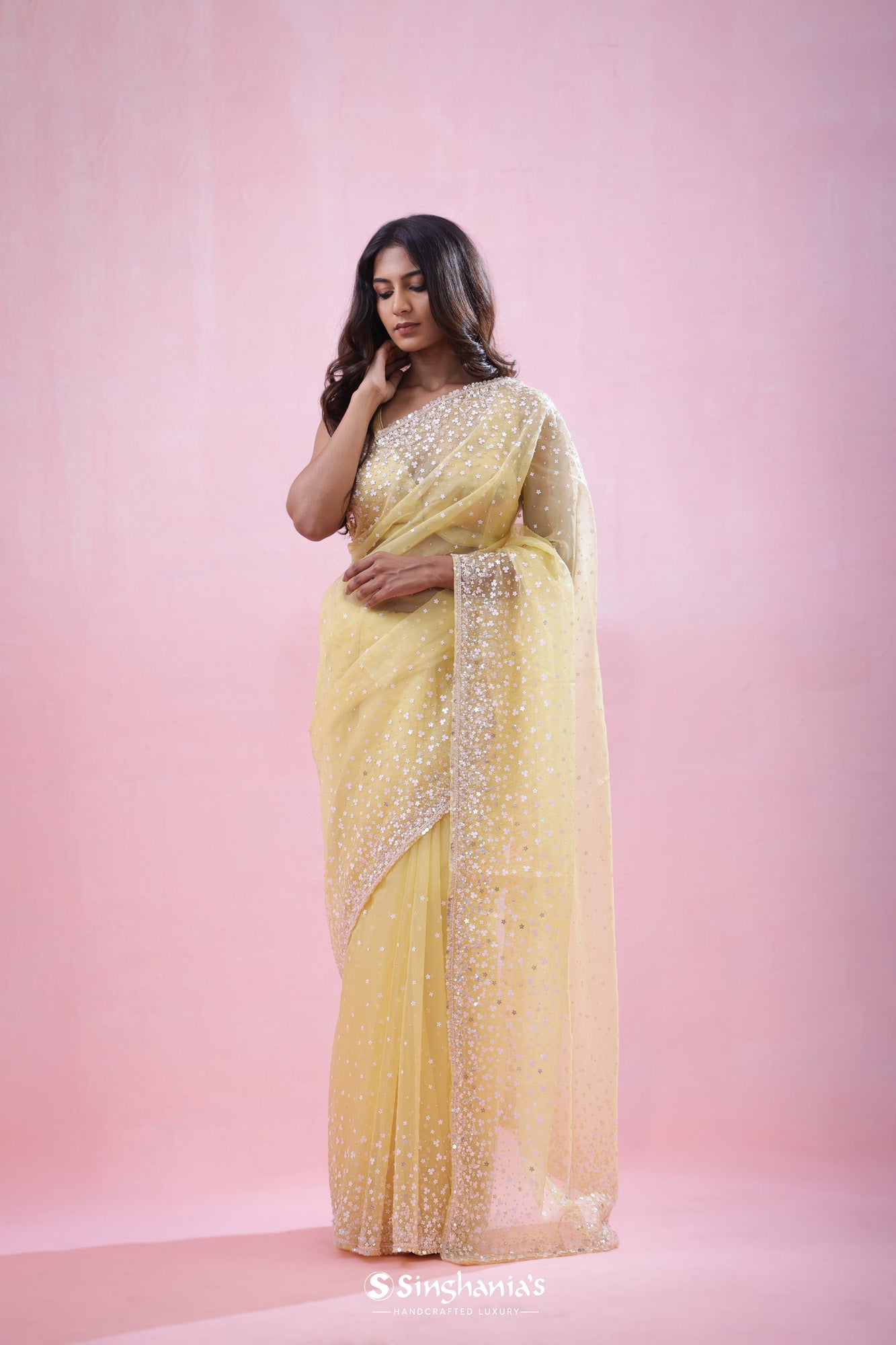 Pastel Yellow Organza Saree With Hand Embroidery