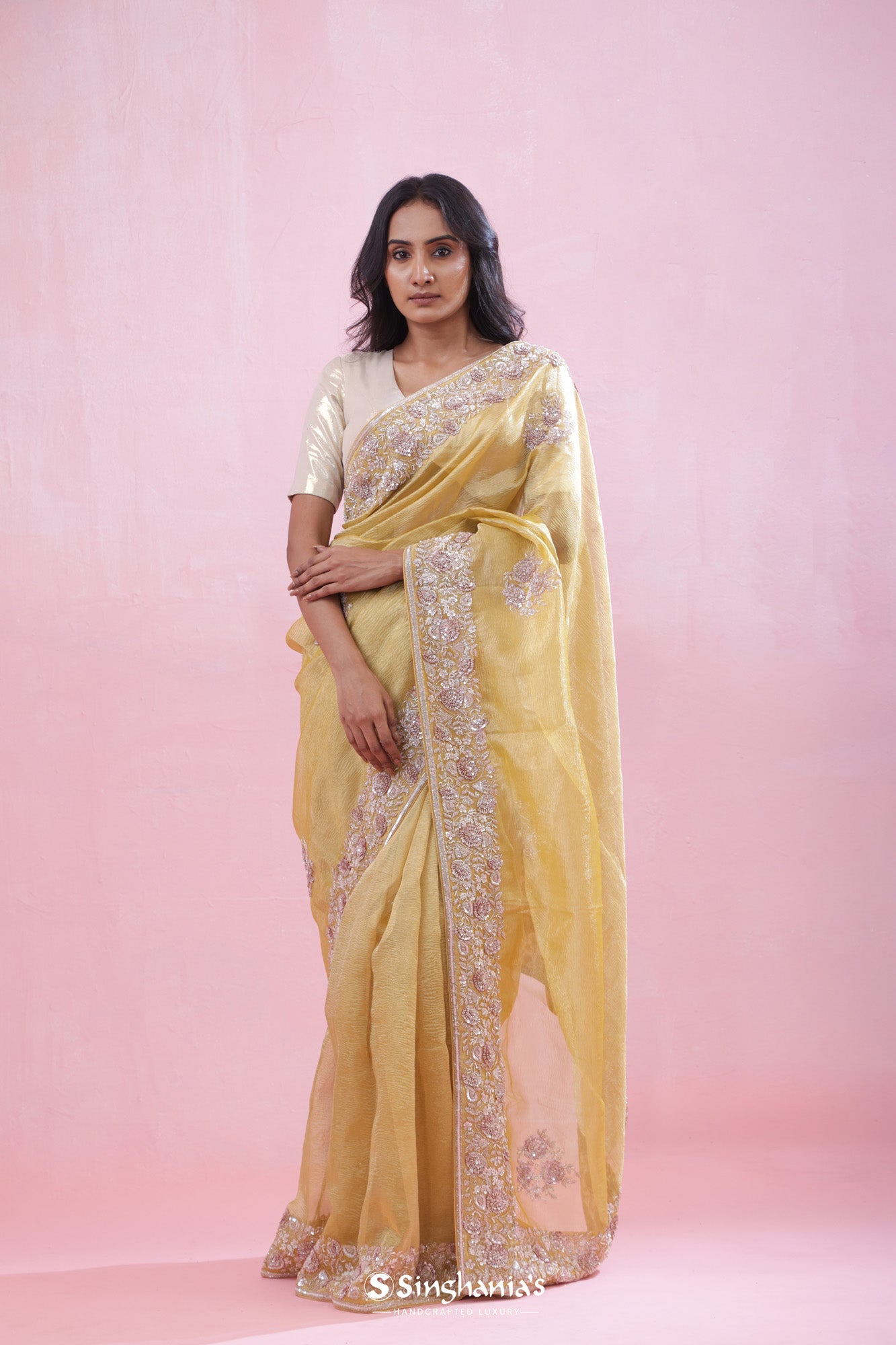 Pastel Golden Yellow Crushed Tissue Organza Saree With Hand Embroidery